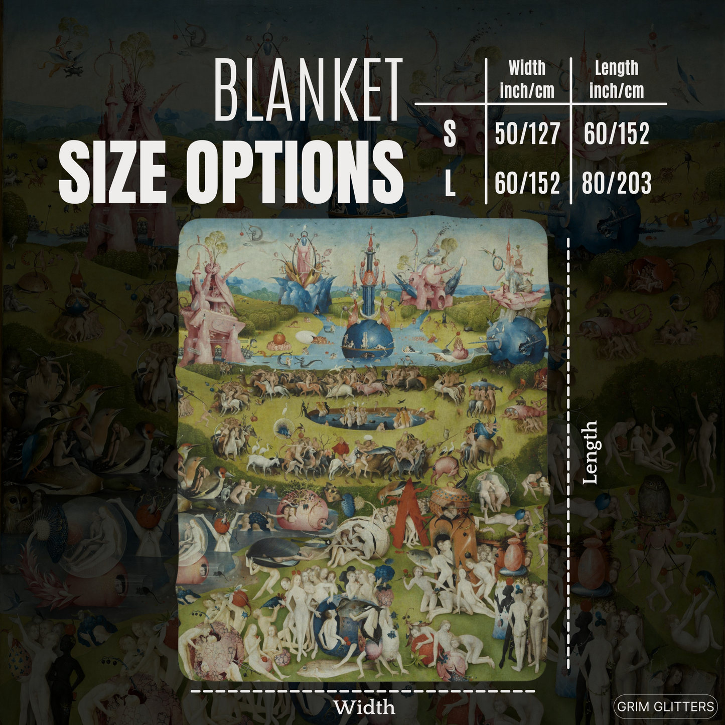 Step into the surreal world of Hieronymus Bosch with the Garden of Earthly Delights Sherpa Fleece Blanket. Featuring the middle panel of Bosch's triptych.