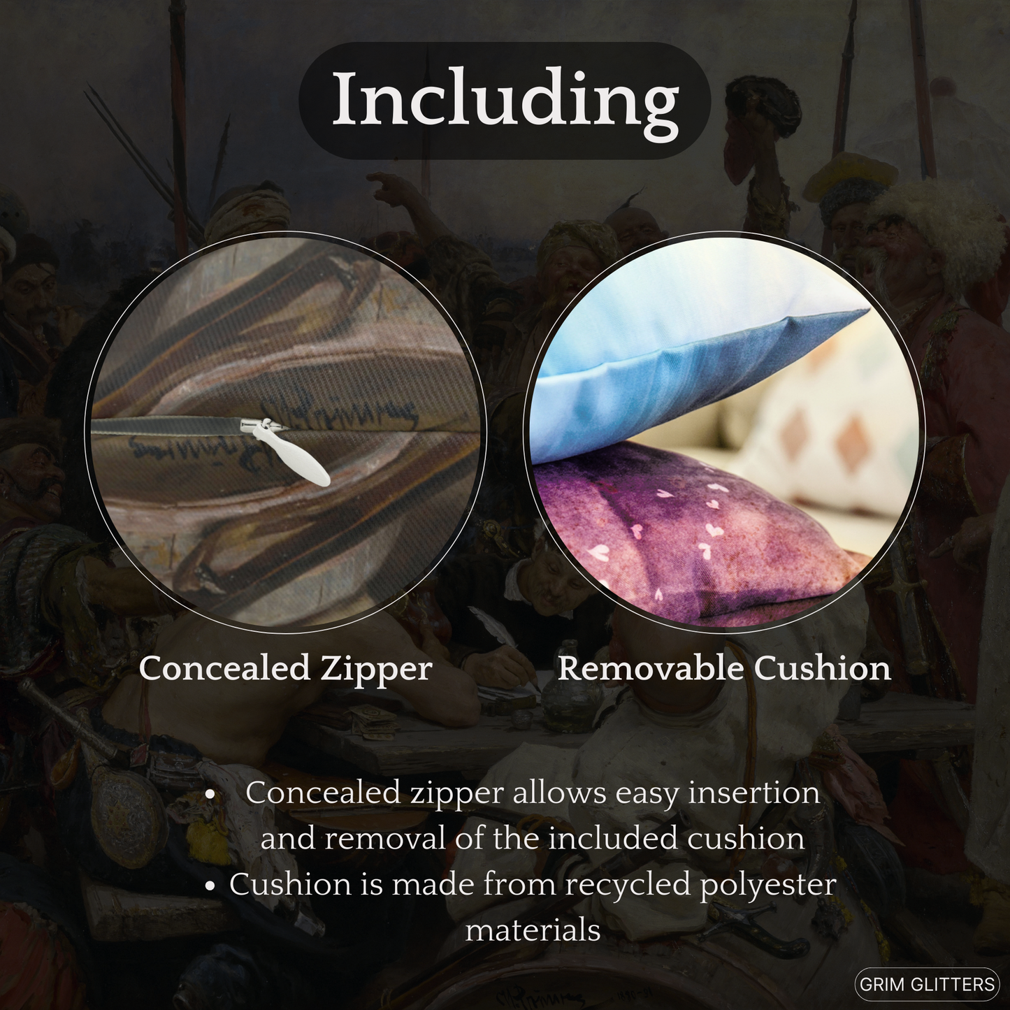 "Features of the Reply of the Zaporozhian Cossacks Lumbar Pillow with concealed zipper and removable cushion made from recycled polyester materials"