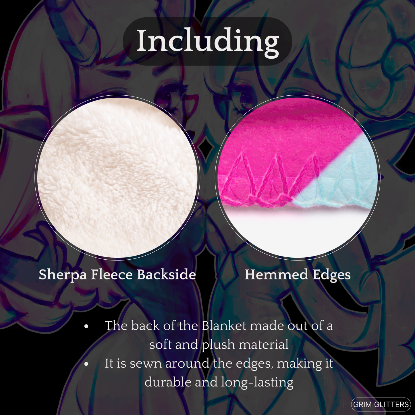 Sink into the warmth of the Grim and Glitter Sherpa Fleece Blanket. Featuring Lunar demon witch Grim and Astral dream caller Glitta.