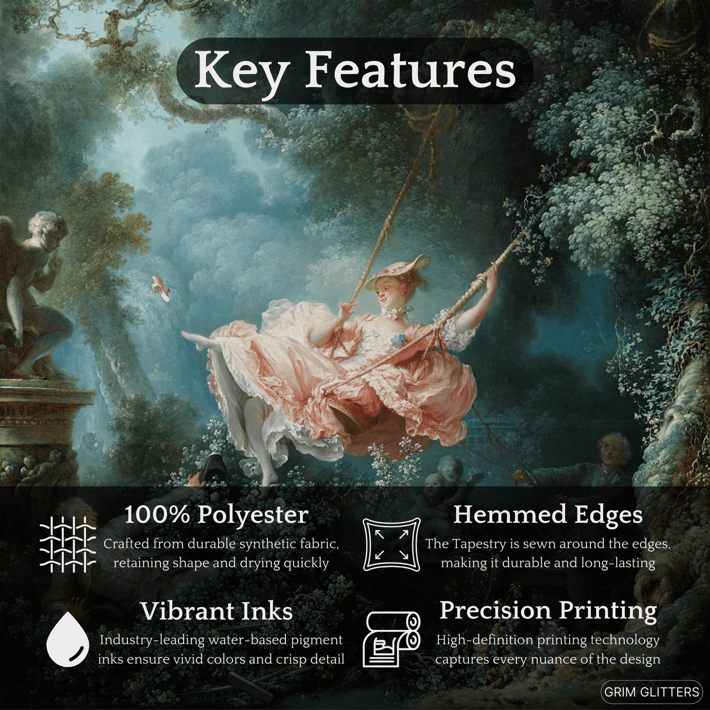 Add elegance to your home with The Swing Tapestry by Jean-Honore Fragonard from Grim Glitters. This Rococo masterpiece captures a playful, romantic scene.