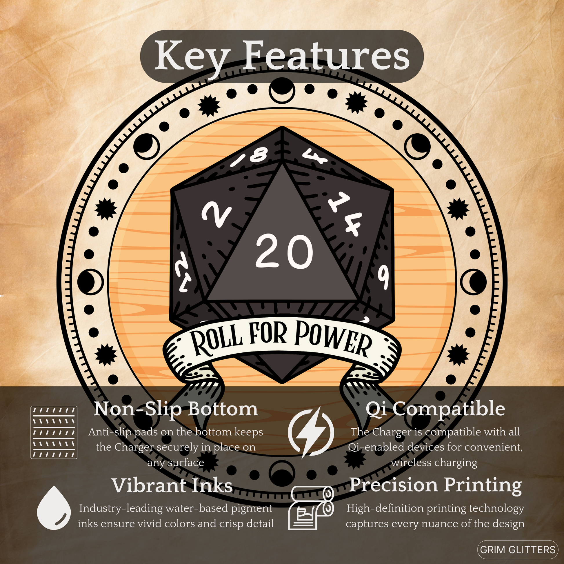 Elevate your gaming setup with the Roll for Power D20 Wireless Charger from Grim Glitters. Featuring a central D20 design and mystical astrology symbols, this Qi-compatible charger offers seamless wireless charging for all Qi-enabled devices. Perfect for