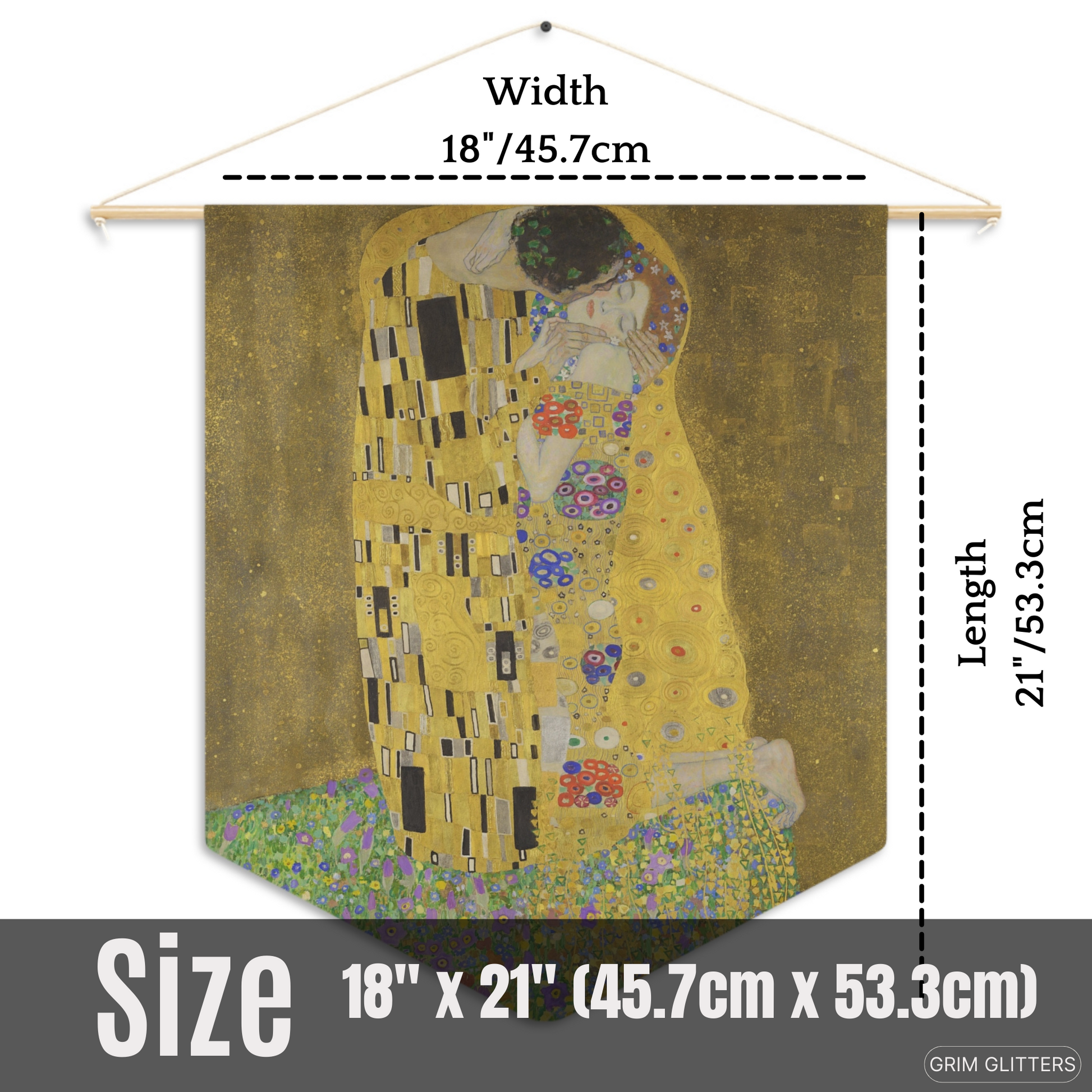 Embrace the timeless allure of Gustav Klimt's "The Kiss" with this stunning pennant banner from Grim Glitters.