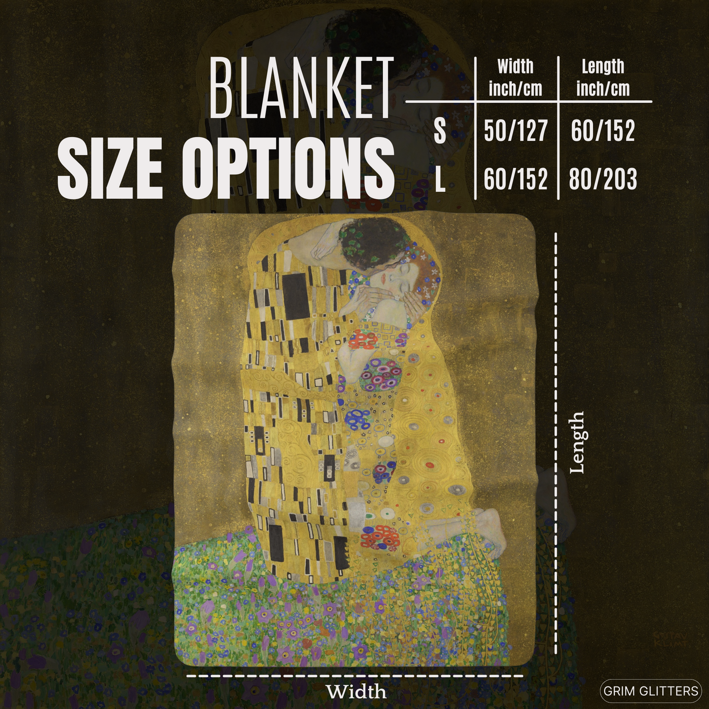 Wrap yourself in the timeless beauty of Gustav Klimt's "The Kiss" with this luxurious sherpa fleece blanket from Grim Glitters. Crafted for comfort and warmth.