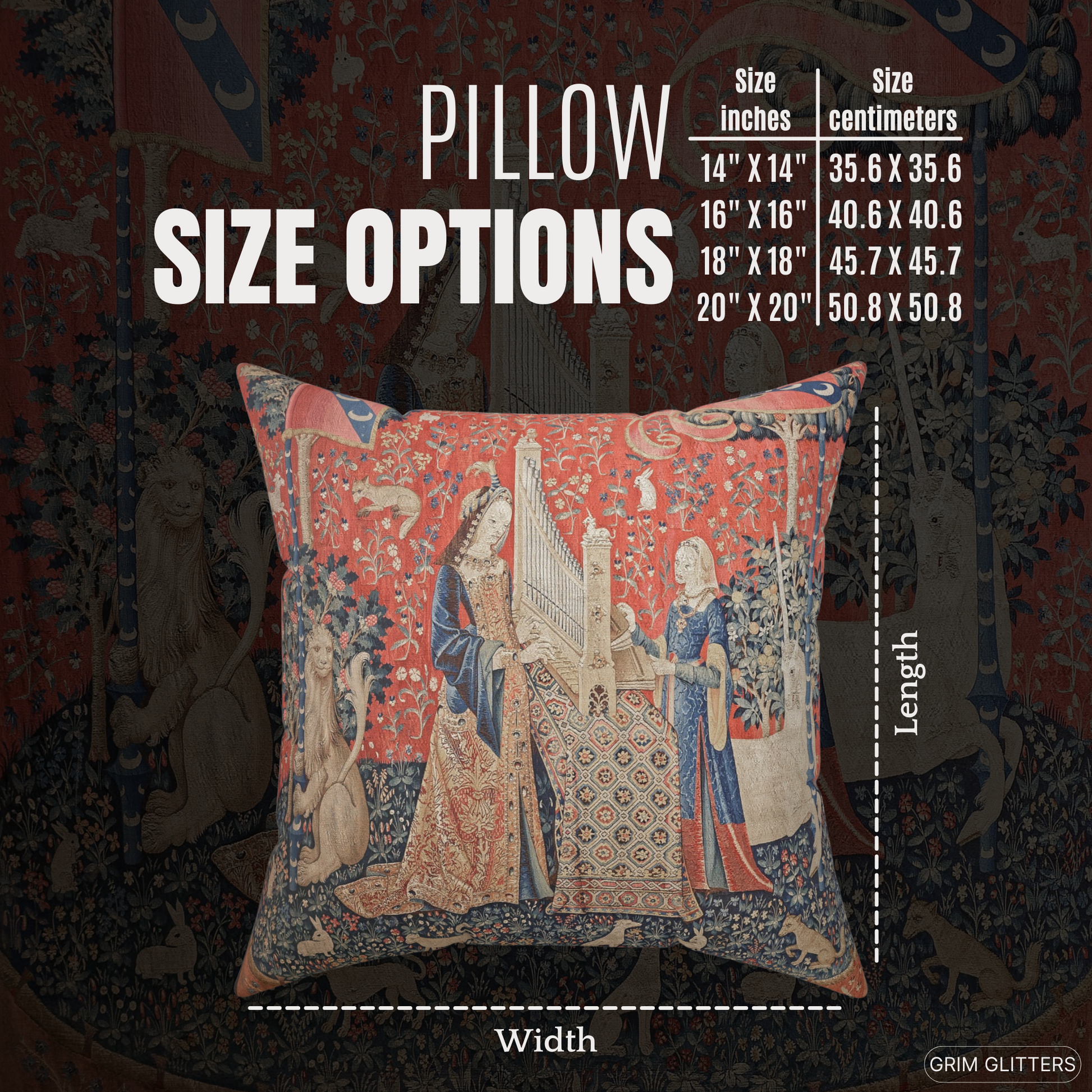 Elevate your decor with the enchanting Lady and the Unicorn (Hearing) Square Pillow from Grim Glitters. Inspired by the iconic Unicorn Tapestry, this pillow brings historical charm and mystical allure to any room. Crafted from eco-friendly materials for p