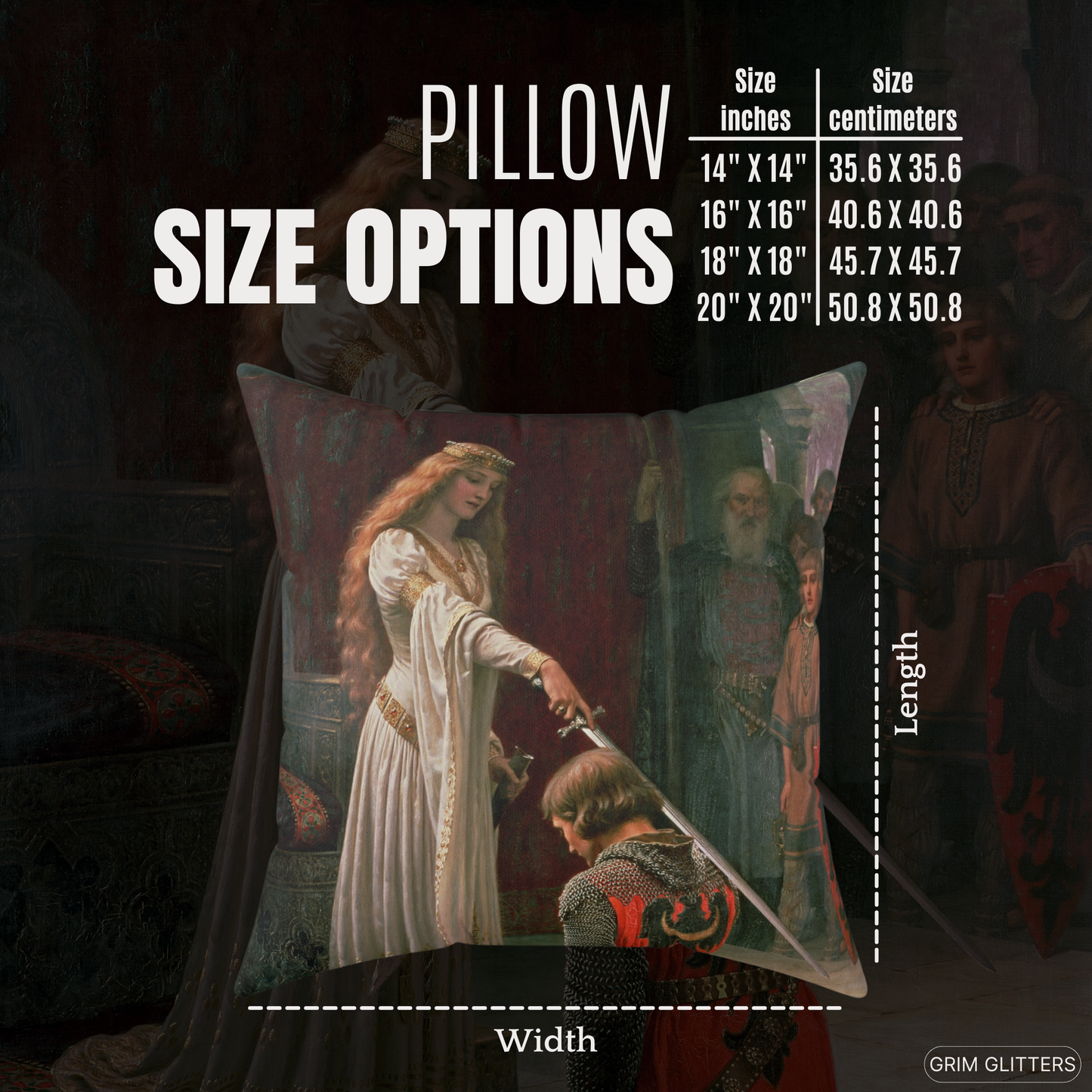 The Accolade Square Pillow - Size options in inches and centimeters featuring Edmund Blair Leighton's painting of a knighting ceremony.