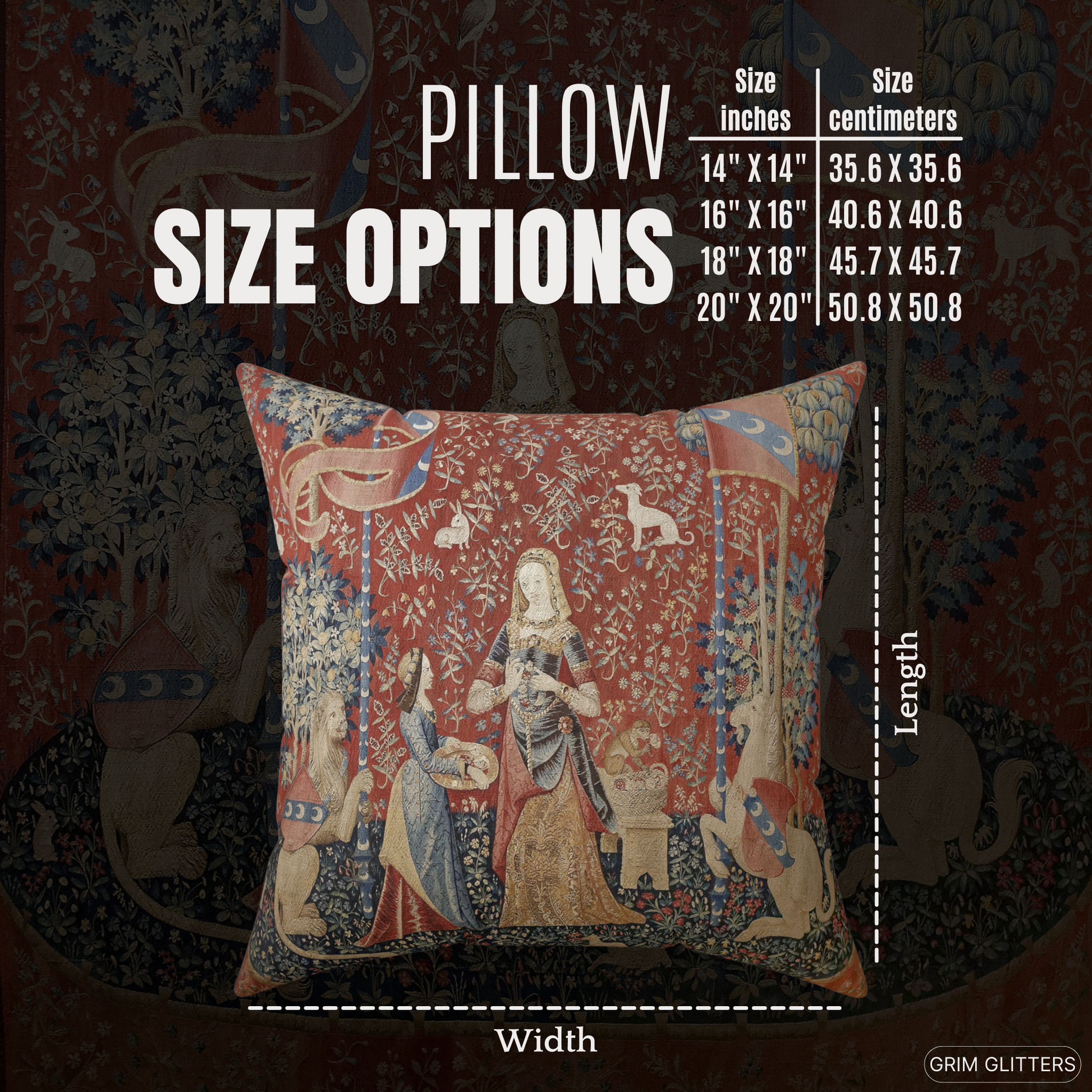 Elevate your home decor with the enchanting Lady and the Unicorn (Smell) Square Pillow from Grim Glitters. Inspired by the iconic Unicorn Tapestry, this pillow brings historical charm and mystical allure to any room, combining detailed medieval art with m