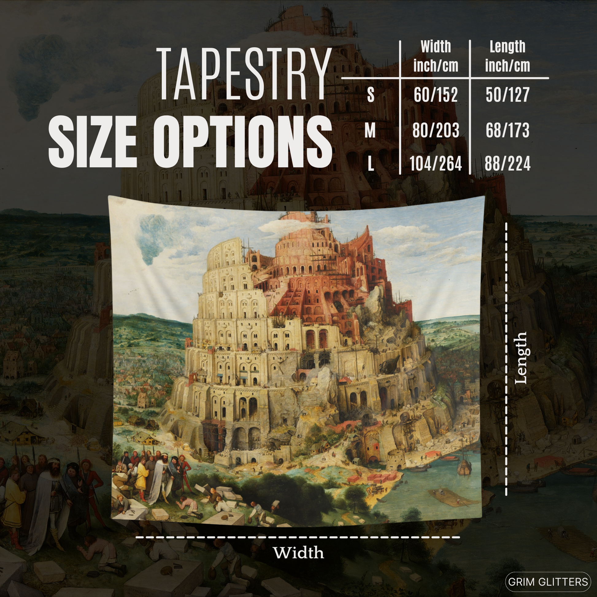 Step into the mesmerizing world of medieval art with the Tower of Babel Tapestry from Grim Glitters. Inspired by Pieter Bruegel the Elder's masterpiece, this tapestry captures the iconic biblical scene with intricate details and vibrant colors, perfect fo