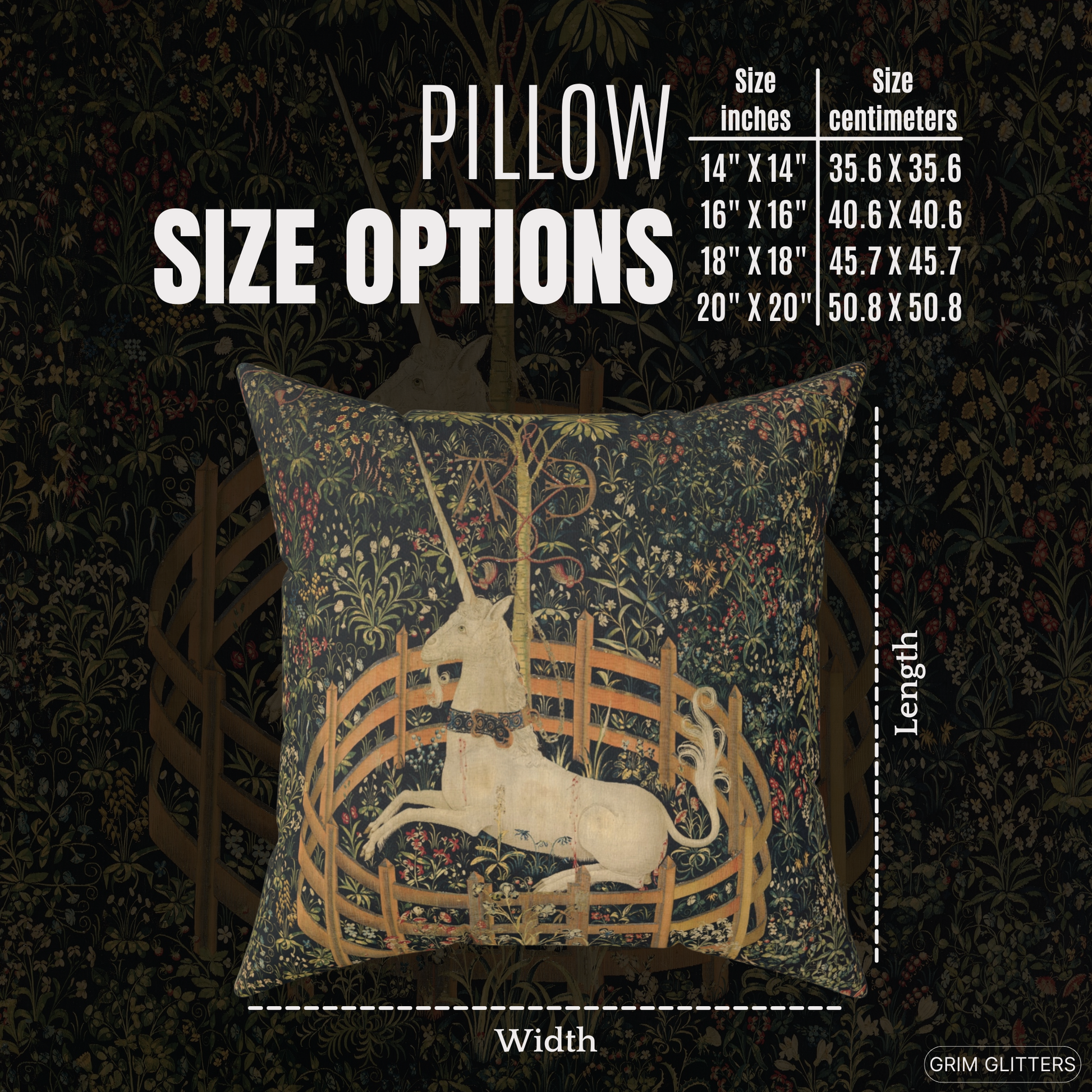 Add medieval charm to your decor with the Unicorn in Captivity Square Pillow from Grim Glitters. This enchanting pillow offers elegance and comfort.