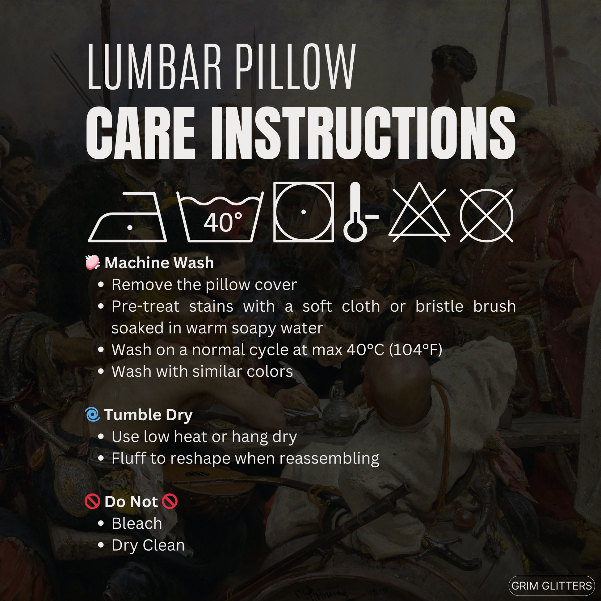 Care instructions for Reply of the Zaporozhian Cossacks Lumbar Pillow, featuring washing icons and steps for machine wash and tumble dry.