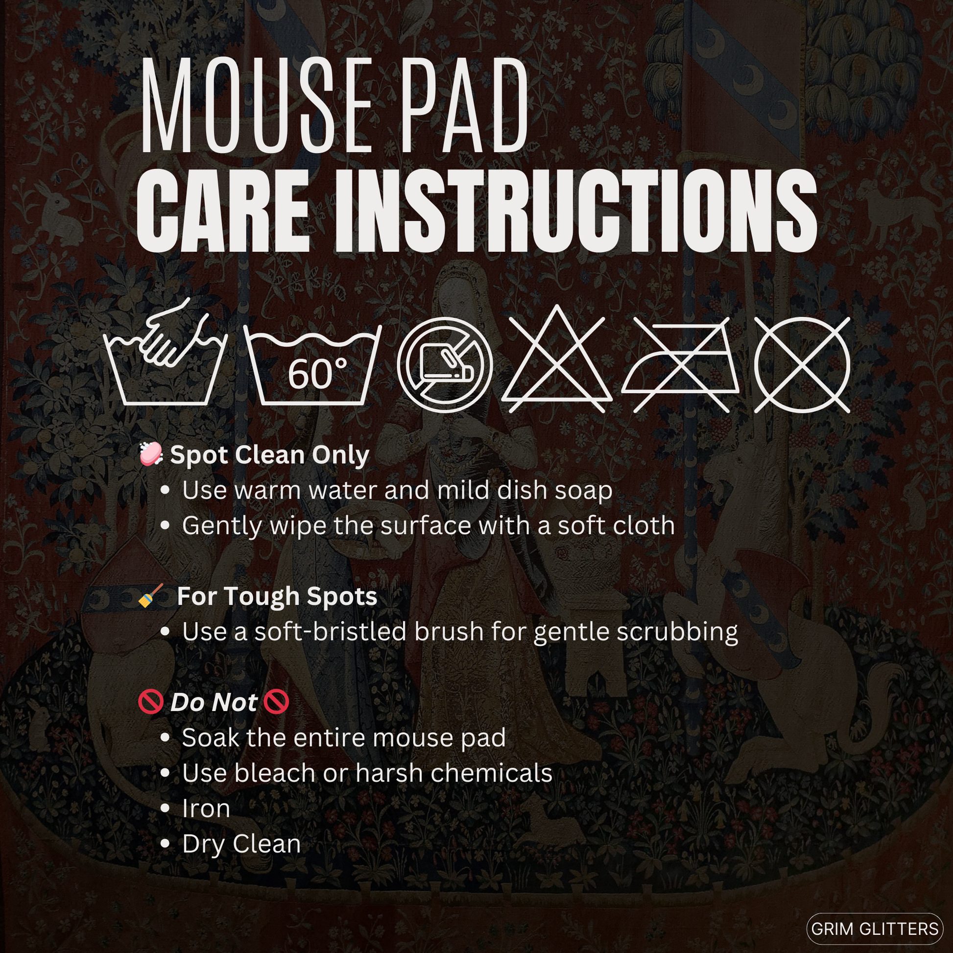 Enhance your gaming experience with the Lady and the Unicorn (Smell) Gaming Mouse Pad from Grim Glitters. Inspired by the iconic medieval tapestry, this mouse pad combines historical charm with modern functionality for a magical addition to any desk.