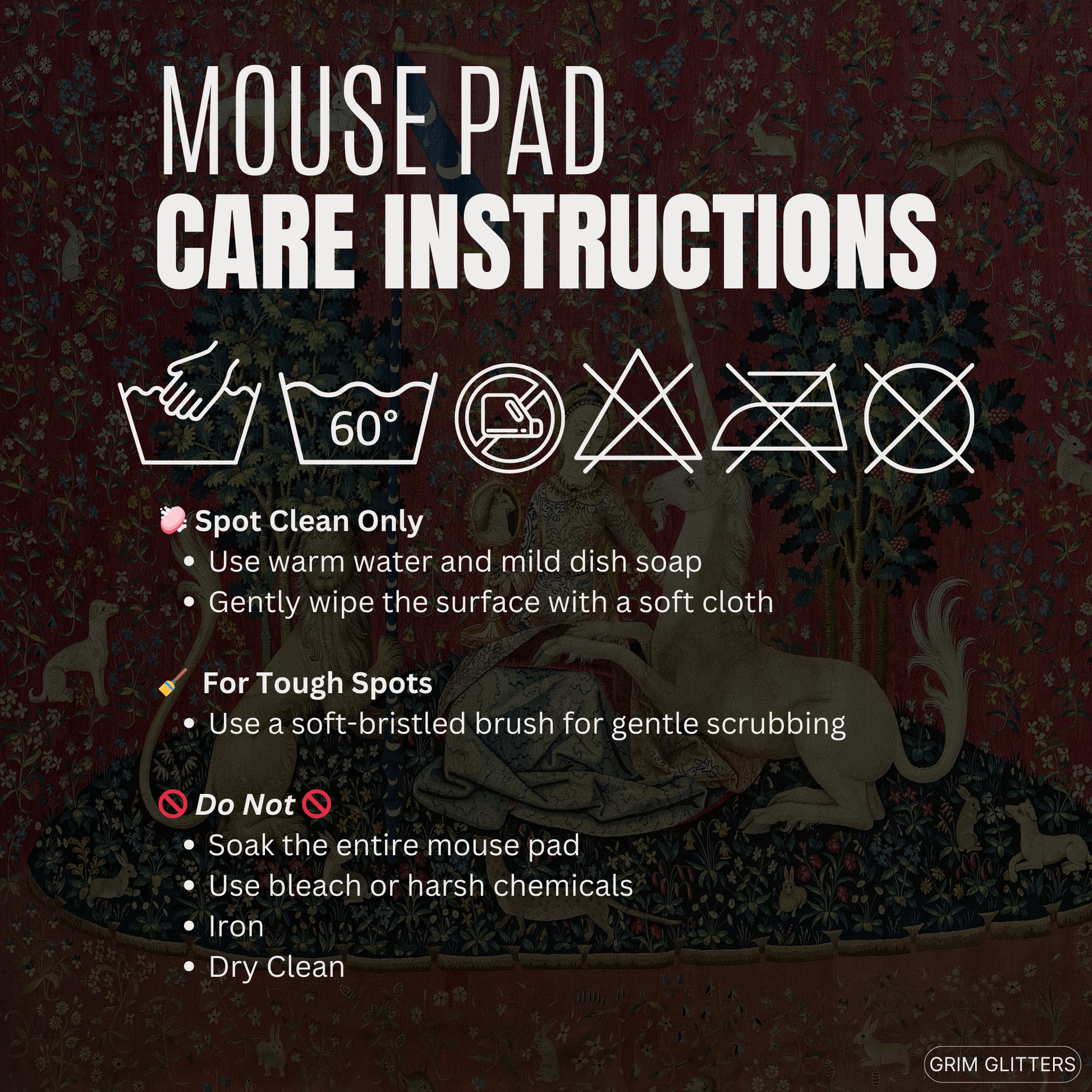 Enhance your gaming experience with the enchanting elegance of The Lady and the Unicorn (Sight) Gaming Mouse Pad from Grim Glitters. Inspired by the iconic medieval tapestry, this mouse pad combines historical charm with modern functionality.