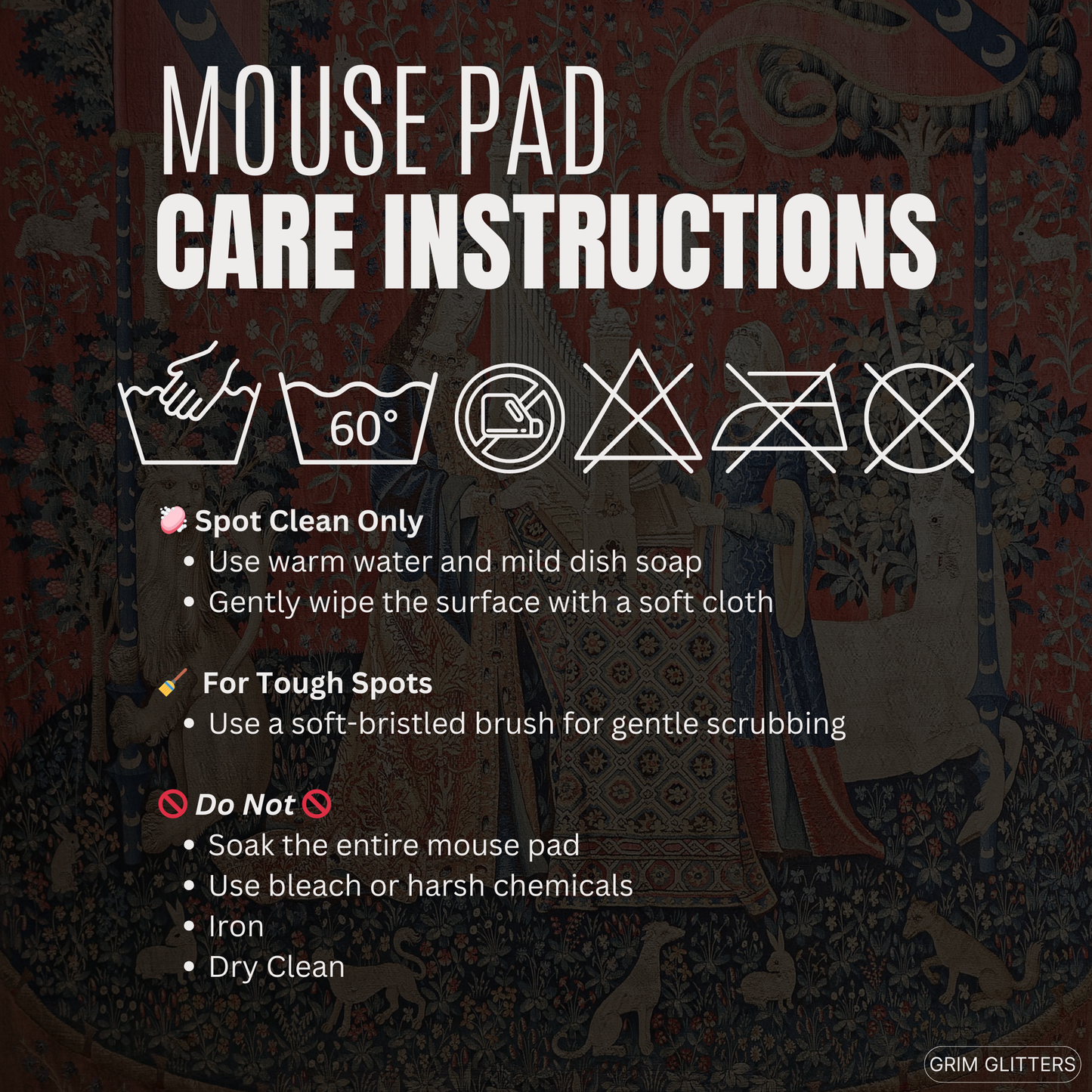 Enhance your gaming experience with the enchanting Lady and the Unicorn (Hearing) Gaming Mouse Pad from Grim Glitters. Inspired by the iconic medieval tapestry, this mouse pad combines historical charm with modern functionality, adding a touch of elegance