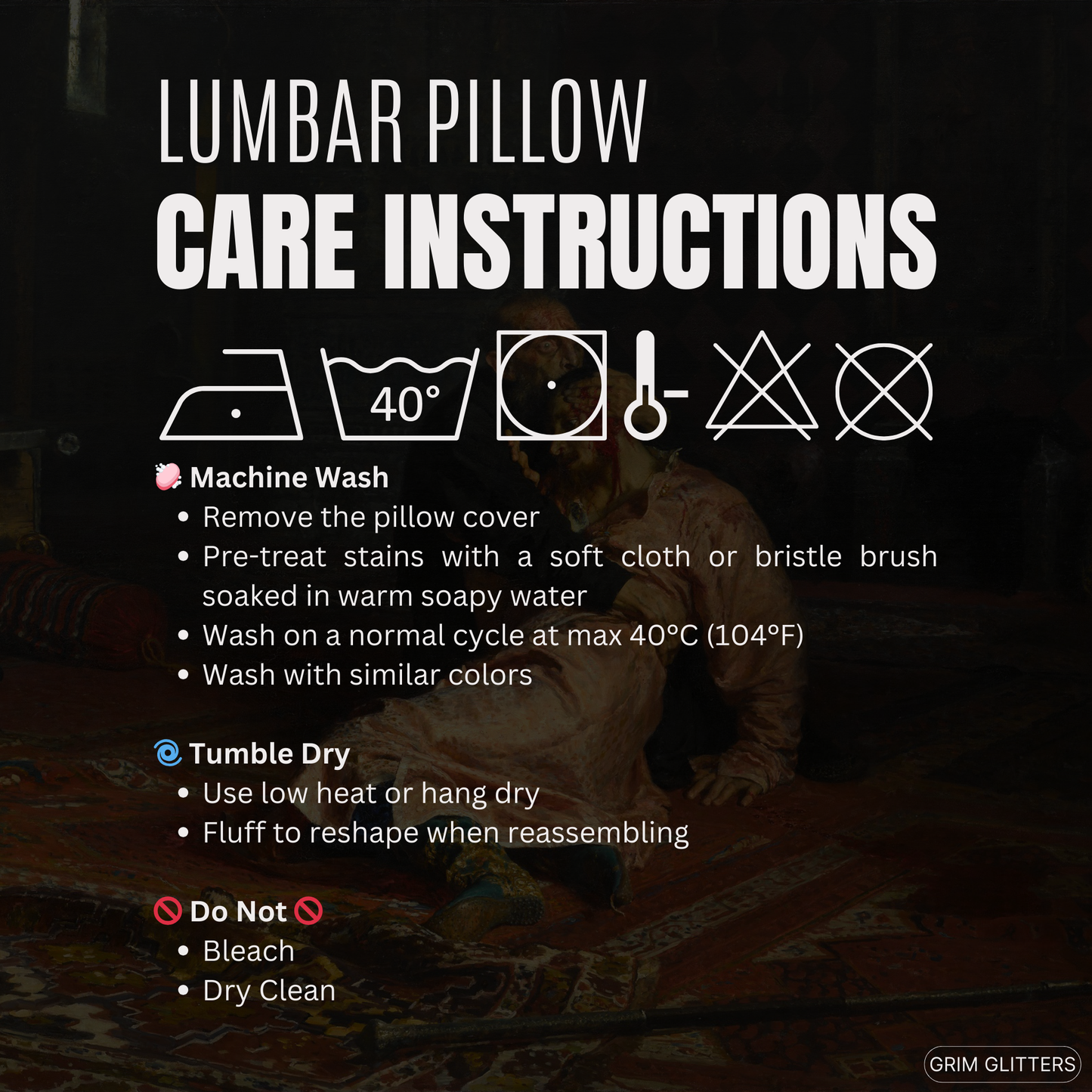 Lumbar pillow care instructions with icons, including washing and drying guidelines for Ivan the Terrible and His Son pillow.