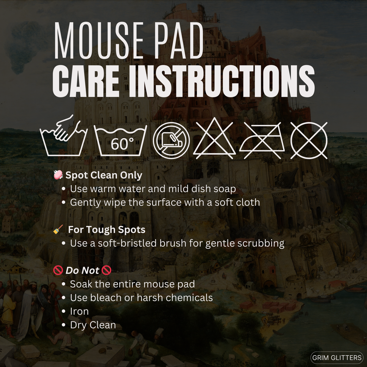 Immerse yourself in medieval art with the Tower of Babel Gaming Mouse Pad from Grim Glitters. Inspired by Pieter Bruegel the Elder's iconic painting, this mouse pad blends historical elegance with modern functionality, perfect for adding artistic charm to