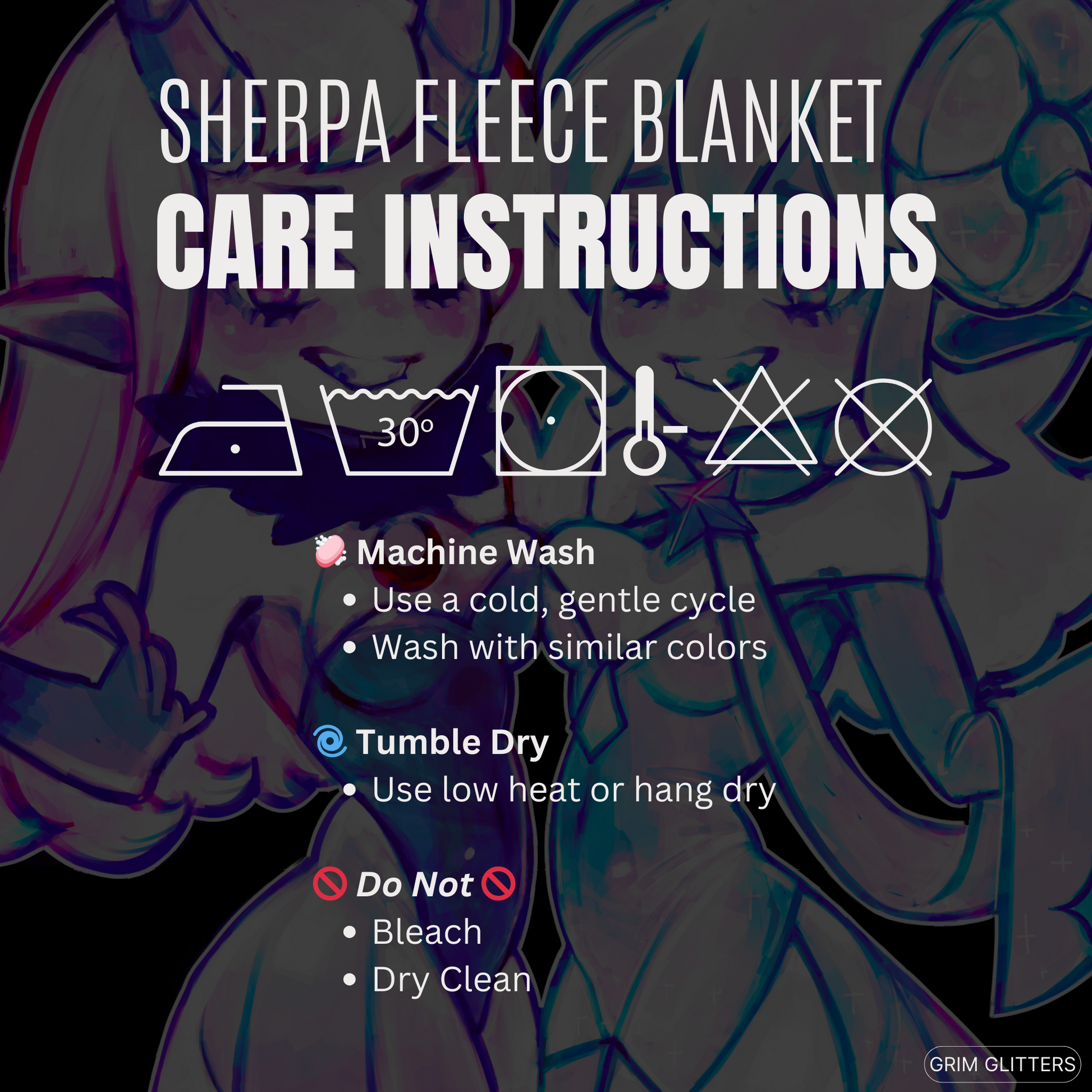 Sink into the warmth of the Grim and Glitter Sherpa Fleece Blanket. Featuring Lunar demon witch Grim and Astral dream caller Glitta.