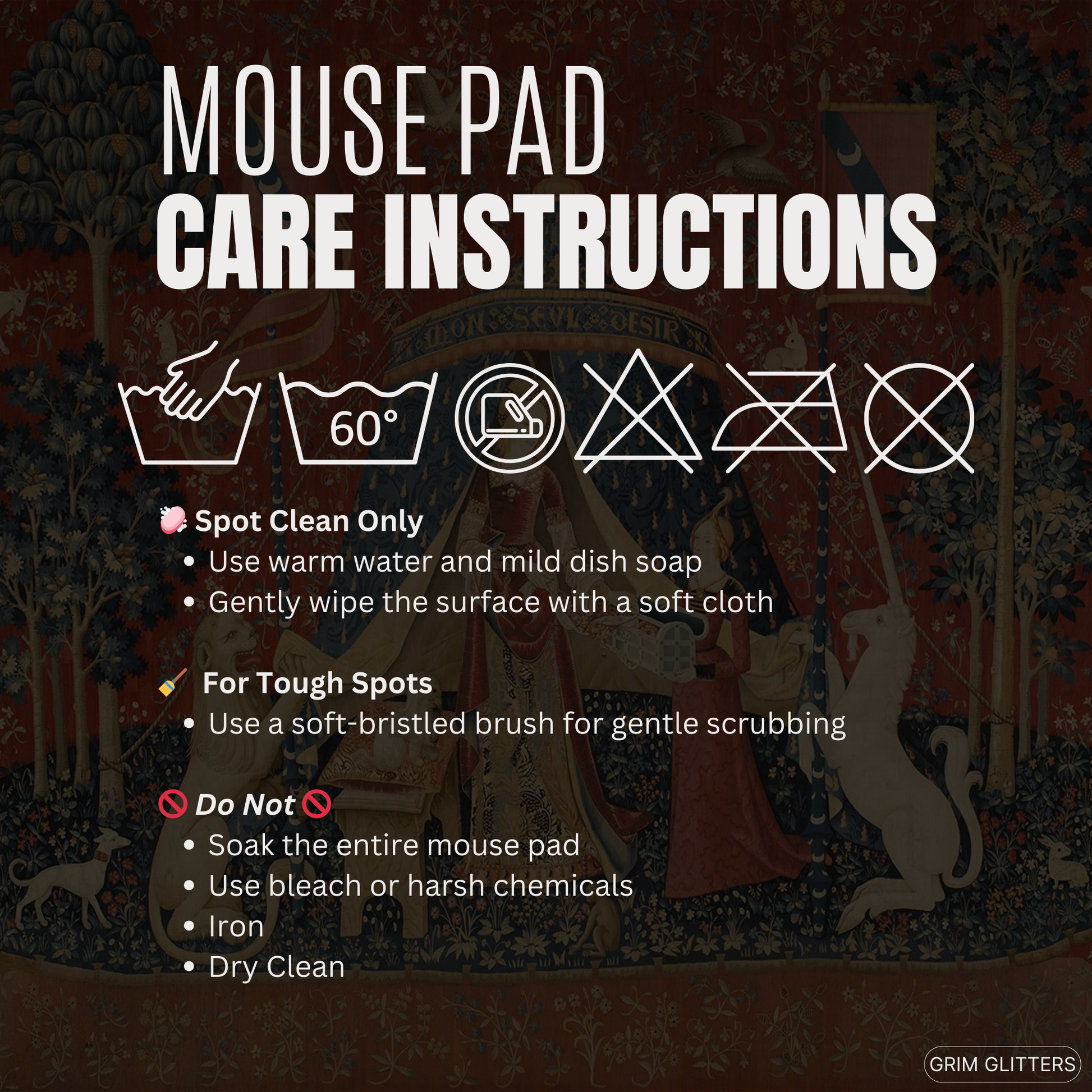 Enhance your gaming experience with the enchanting Lady and the Unicorn (Desire) Gaming Mouse Pad from Grim Glitters. Featuring the iconic medieval tapestry, this mouse pad combines historical charm with modern functionality, adding a touch of elegance to