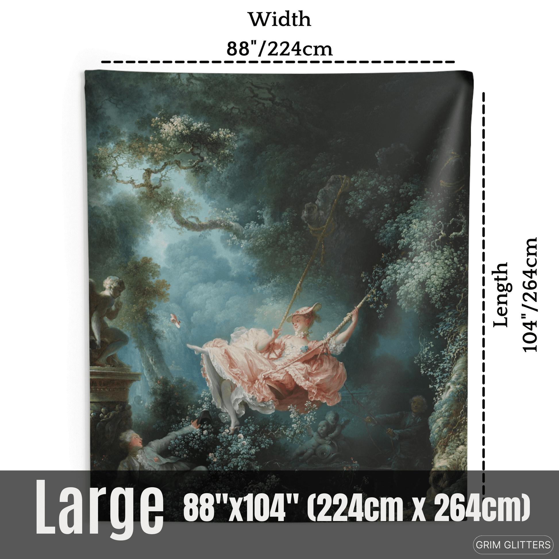 Add elegance to your home with The Swing Tapestry by Jean-Honore Fragonard from Grim Glitters. This Rococo masterpiece captures a playful, romantic scene.