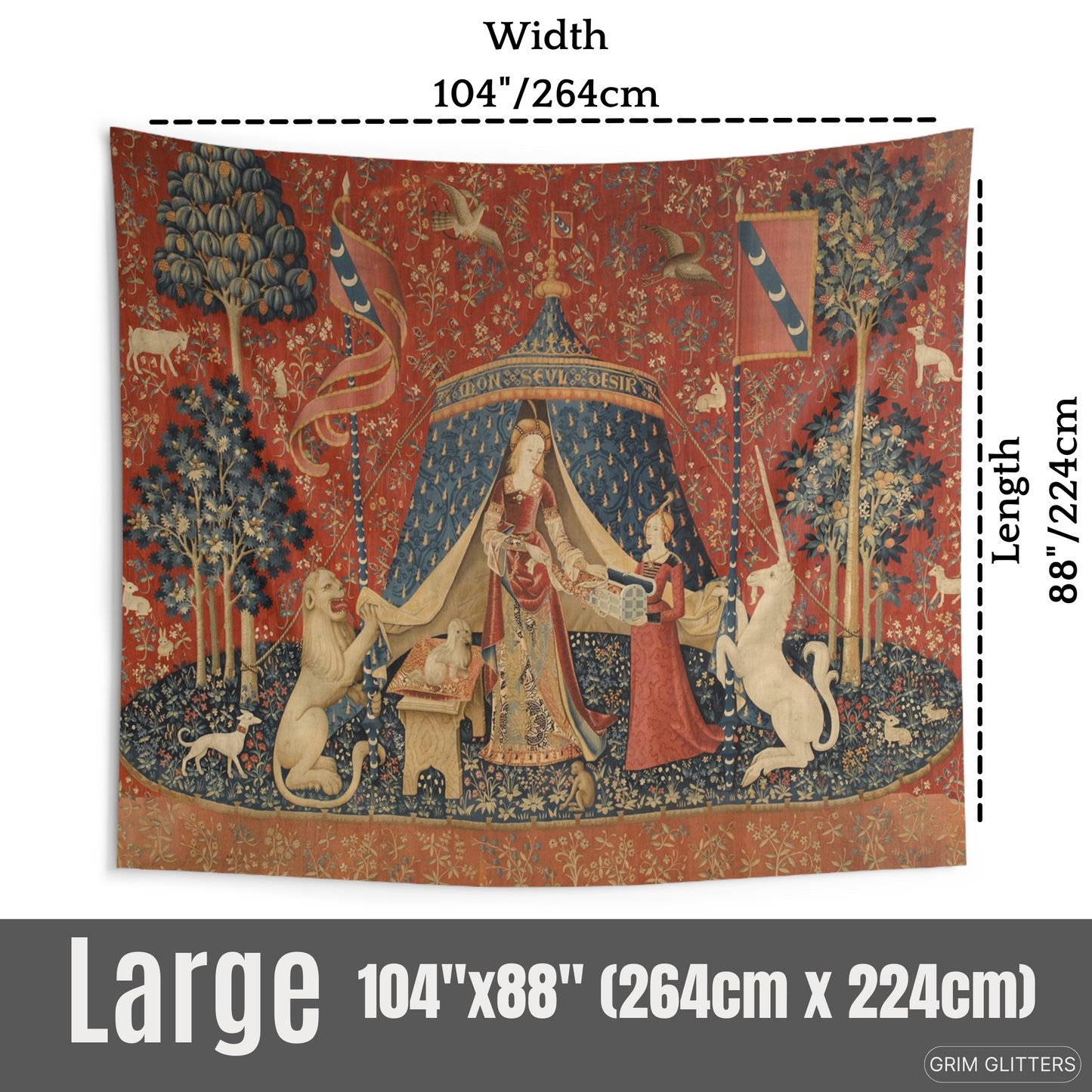 Step into medieval artistry with the Unicorn Tapestry (Desire). This tapestry adds enchantment and charm to any space with vibrant colors and quality fabric.