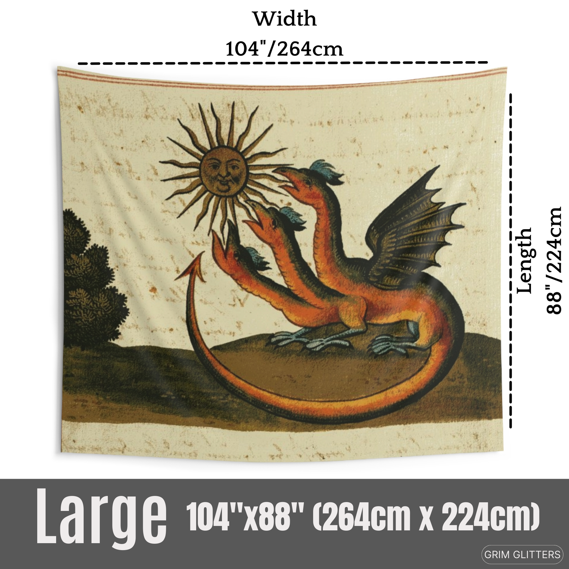 Transform your living space with the mystical charm of the Three-Headed Dragon Tapestry from Grim Glitters. Inspired by the Clavis Artis manuscript, this tapestry features a powerful three-headed dragon, bringing esoteric wisdom and medieval artistry to y