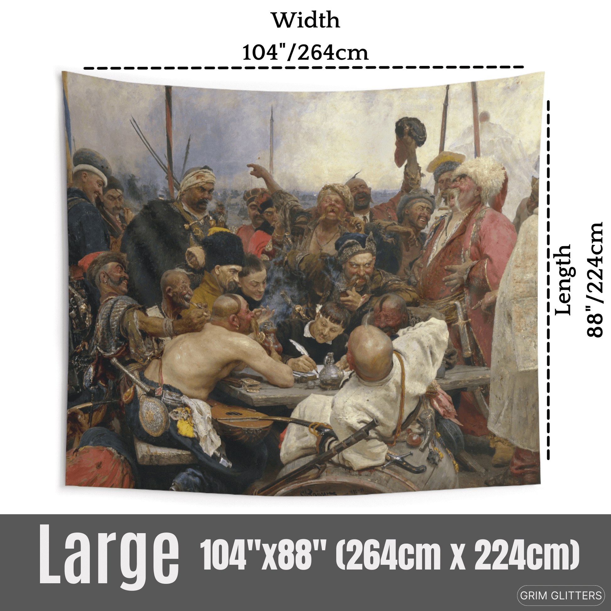 Celebrate the vibrant history of the Ukrainian Cossacks with the Reply of the Zaporozhian Cossacks Tapestry from Grim Glitters.