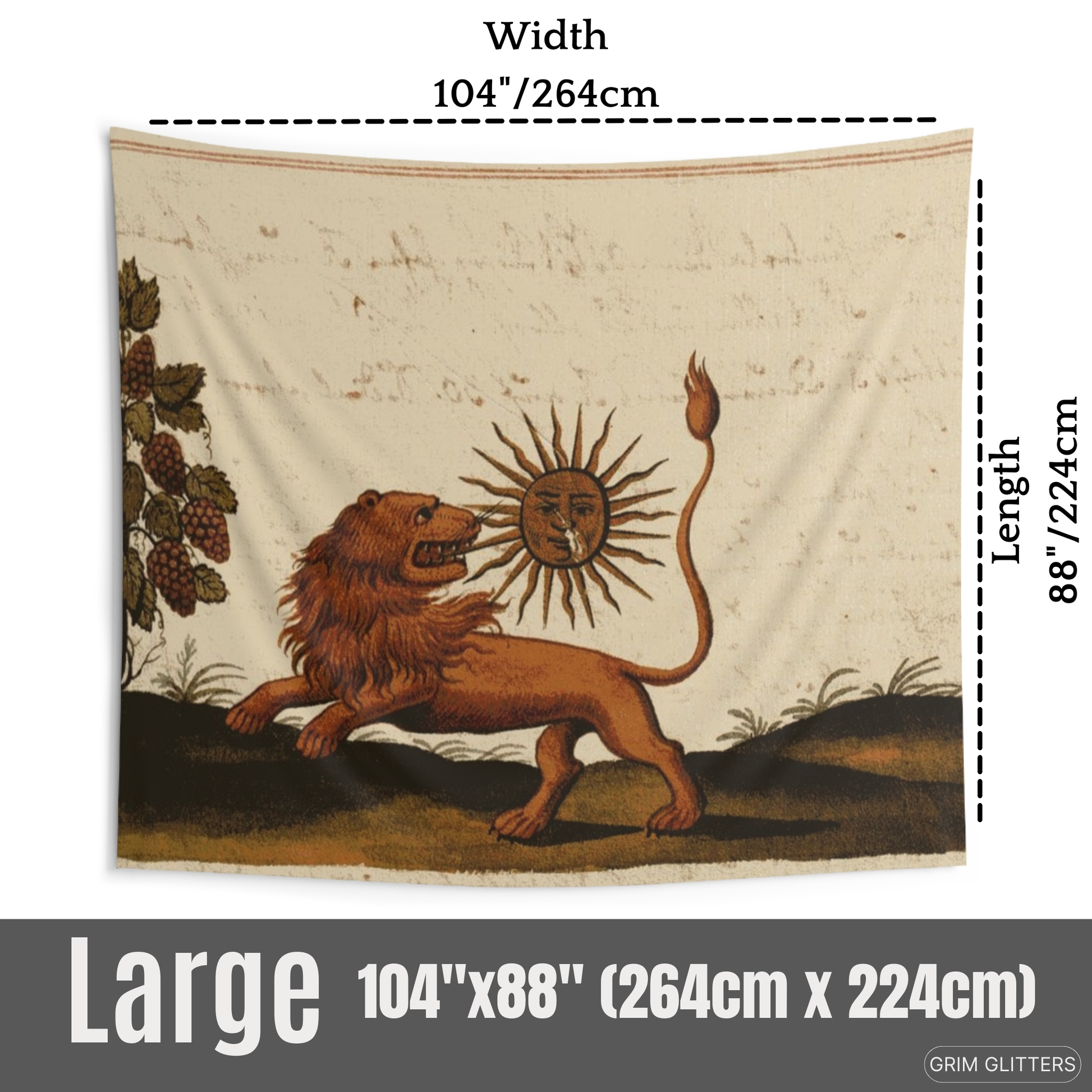 Enhance your space with the mystical Lion Eating the Sun Tapestry from Grim Glitters. Inspired by the Clavis Artis manuscript, this tapestry features a powerful lion devouring the sun, adding esoteric wisdom and medieval artistry to your decor.