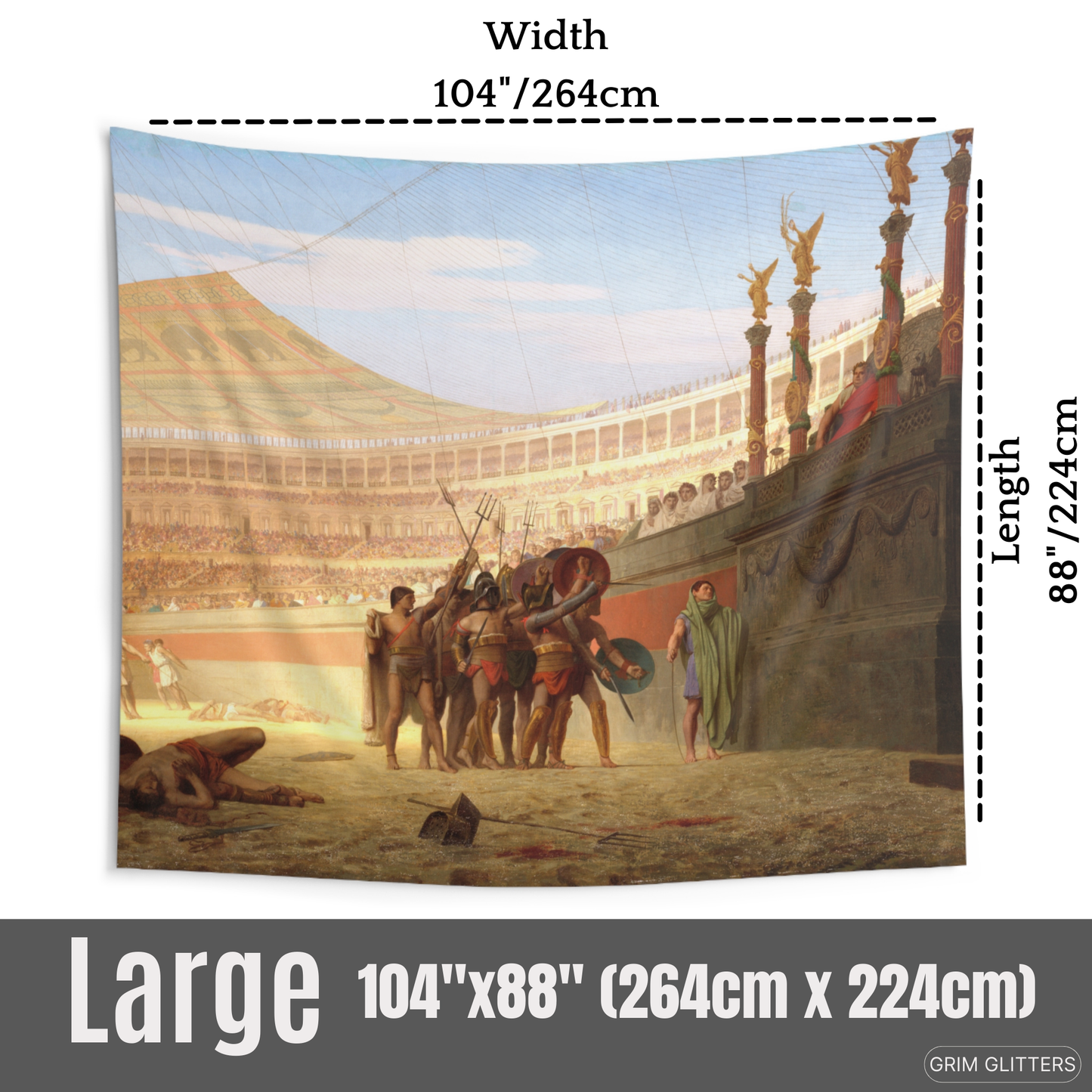 Step into ancient Rome with the Roman Gladiator Tapestry from Grim Glitters. Featuring Jean-Leon Gerome's iconic artwork.