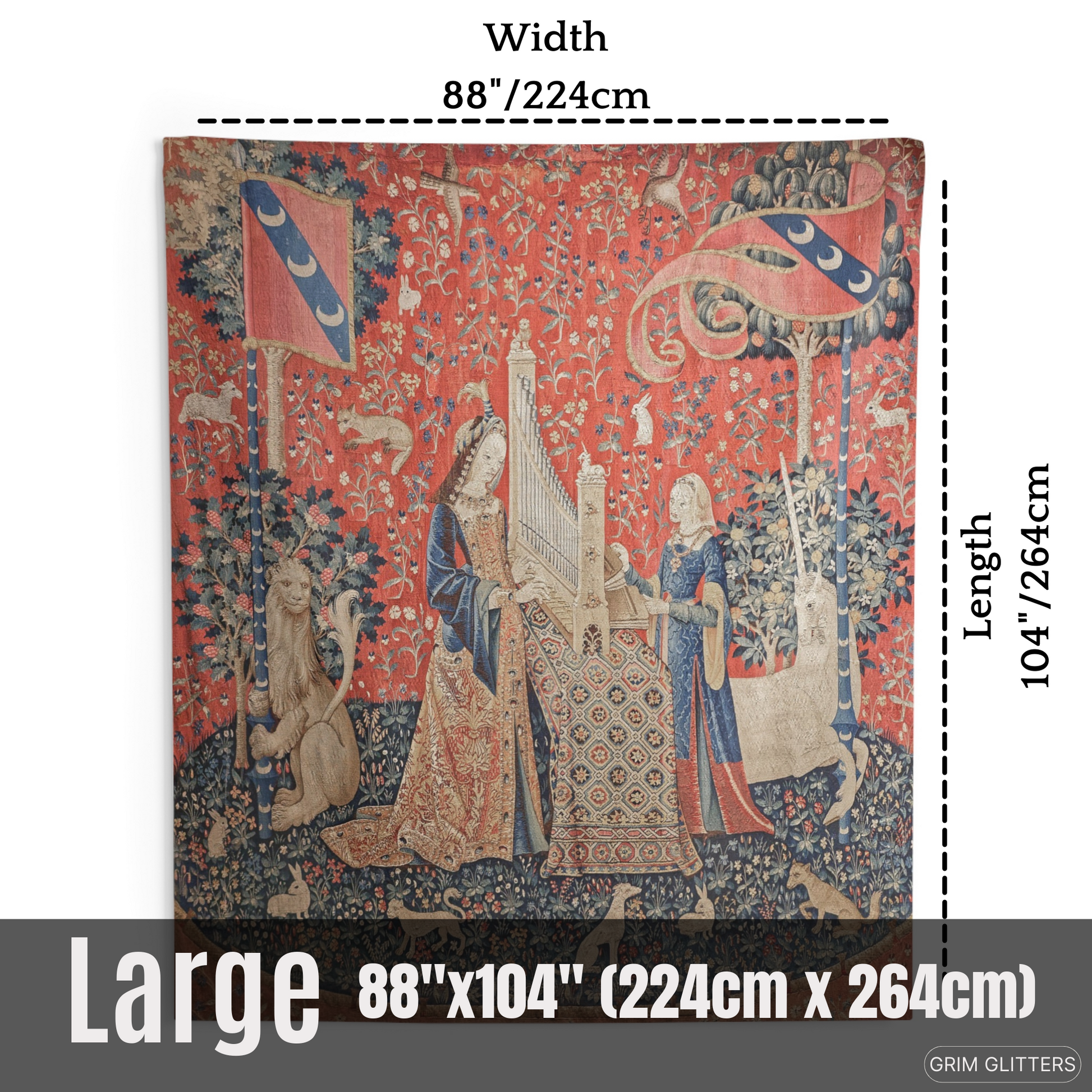 Elevate your decor with The Lady and the Unicorn (Hearing) Tapestry. This exquisite piece captures medieval magic and historical charm, perfect for any living space.