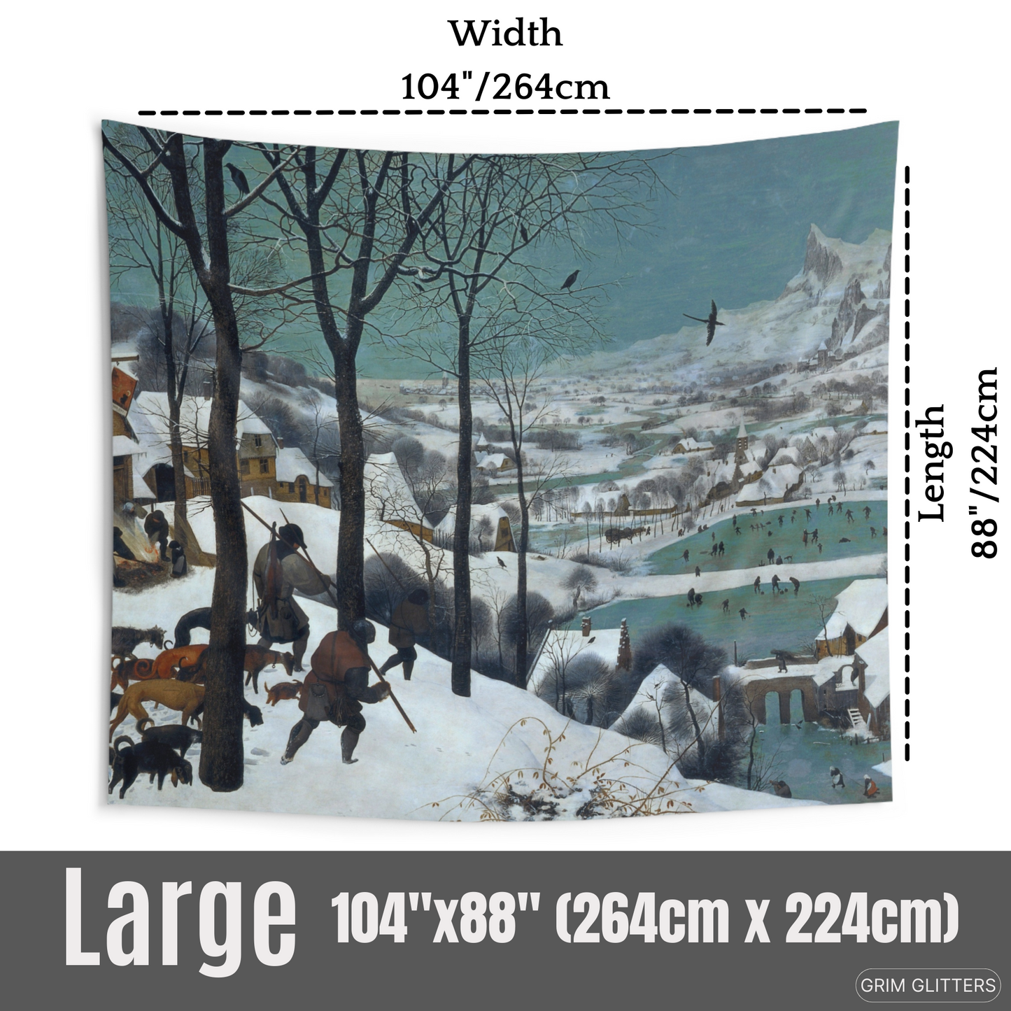 Immerse yourself in Pieter Bruegel the Elder's winter masterpiece with the Hunters in the Snow Tapestry from Grim Glitters. This high-quality polyester tapestry captures the serene beauty of a rustic winter landscape, adding timeless charm to your home de