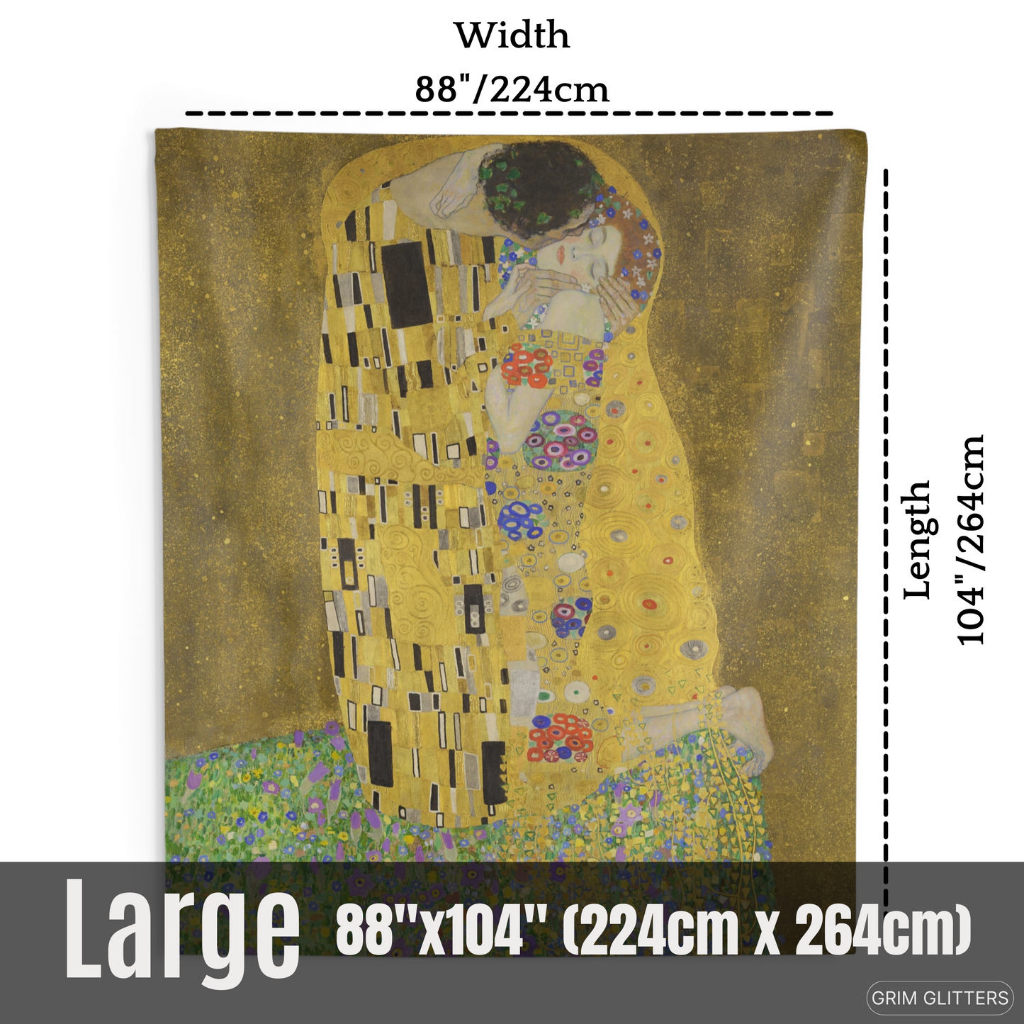 Experience the romantic elegance of Gustav Klimt's "The Kiss" with this exquisite tapestry from Grim Glitters. This high-quality reproduction captures the intricate details and timeless beauty of Klimt's iconic painting, perfect for adding a touch of love