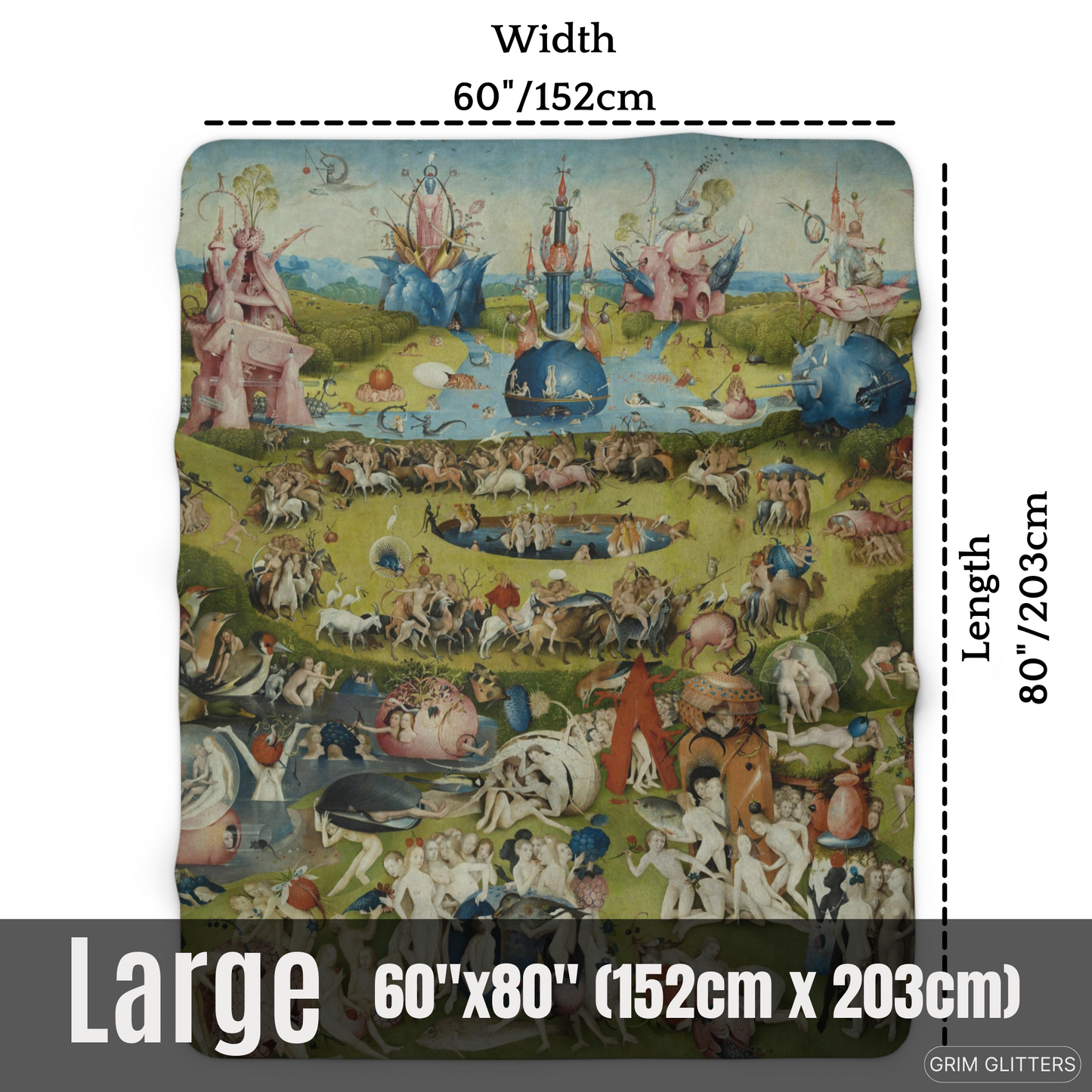 Step into the surreal world of Hieronymus Bosch with the Garden of Earthly Delights Sherpa Fleece Blanket. Featuring the middle panel of Bosch's triptych.