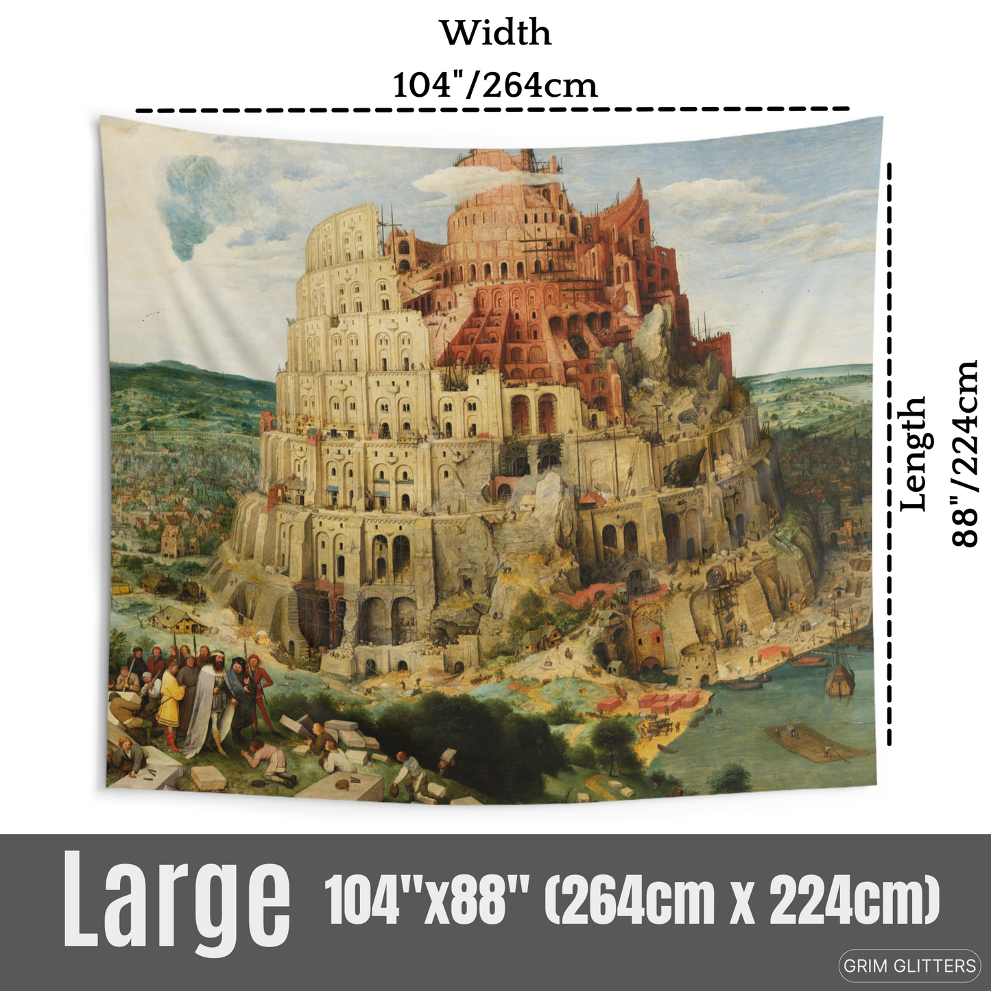 Step into the mesmerizing world of medieval art with the Tower of Babel Tapestry from Grim Glitters. Inspired by Pieter Bruegel the Elder's masterpiece, this tapestry captures the iconic biblical scene with intricate details and vibrant colors, perfect fo