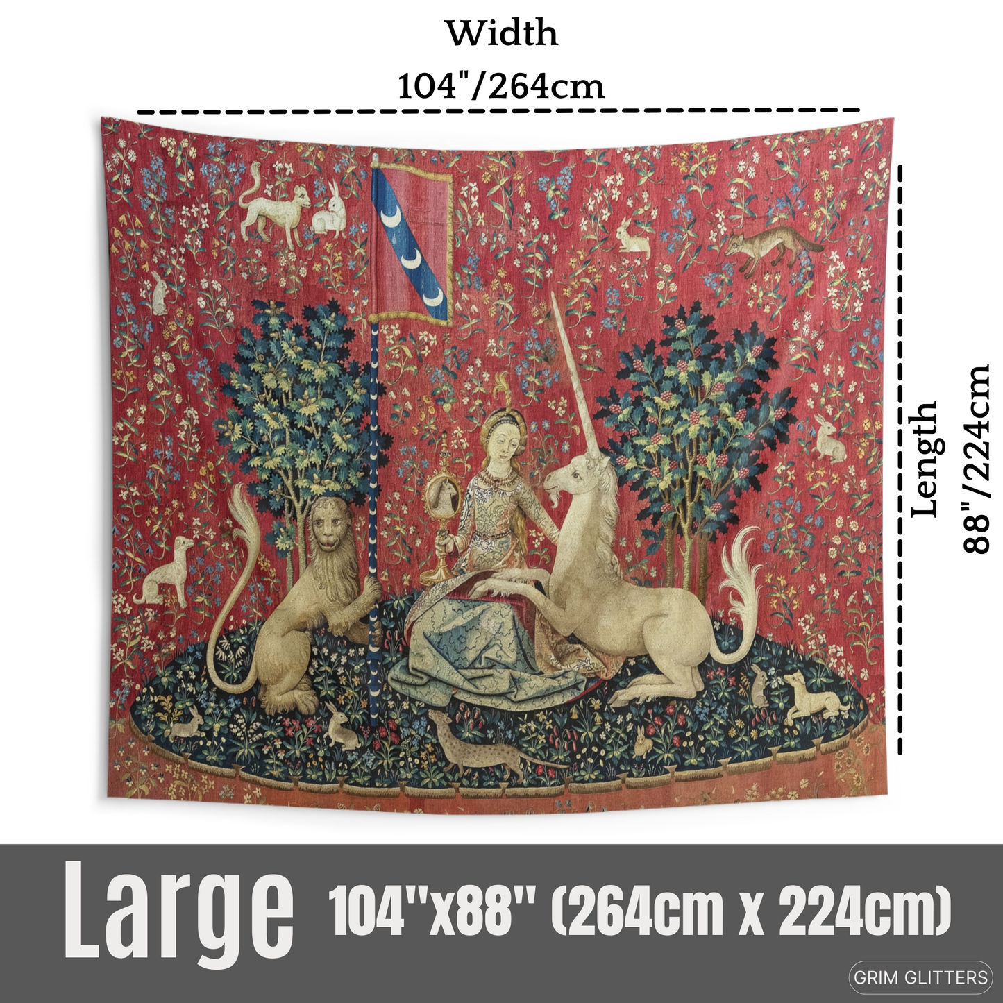 Enchant your home with The Lady and the Unicorn (Sight) Tapestry. This high-quality reproduction adds a magical and historical charm, perfect for any space.