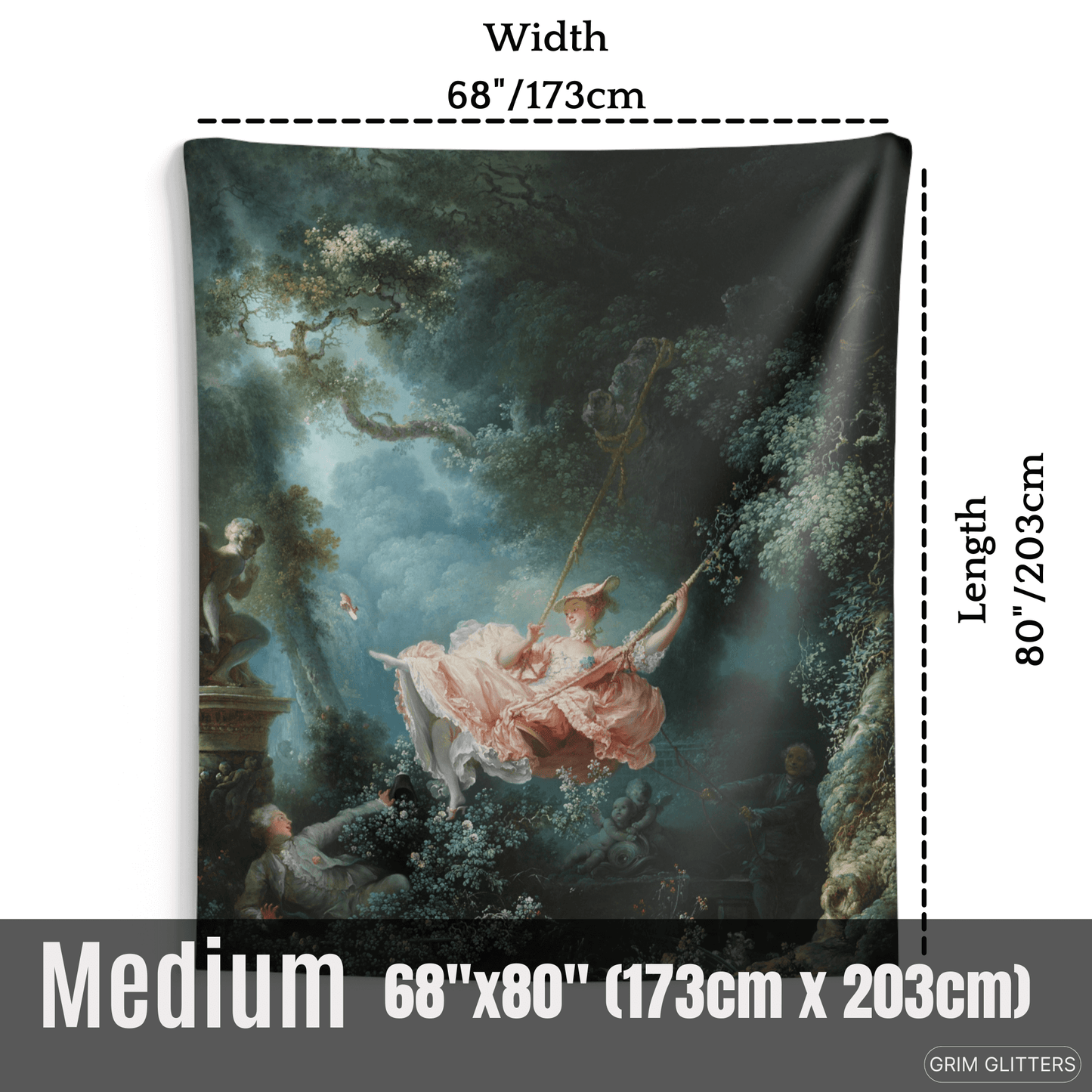 Add elegance to your home with The Swing Tapestry by Jean-Honore Fragonard from Grim Glitters. This Rococo masterpiece captures a playful, romantic scene.