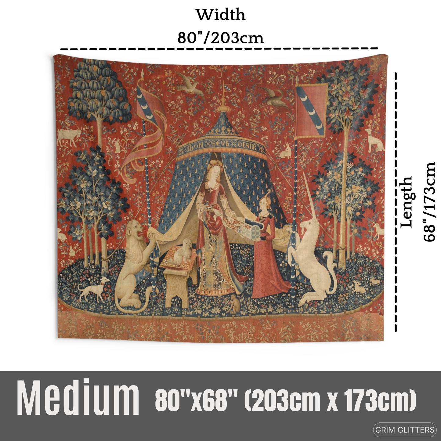 Step into medieval artistry with the Unicorn Tapestry (Desire). This tapestry adds enchantment and charm to any space with vibrant colors and quality fabric.