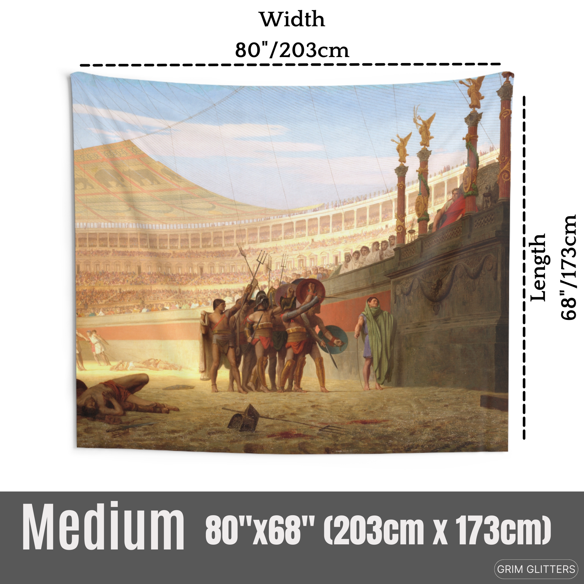 Step into ancient Rome with the Roman Gladiator Tapestry from Grim Glitters. Featuring Jean-Leon Gerome's iconic artwork.