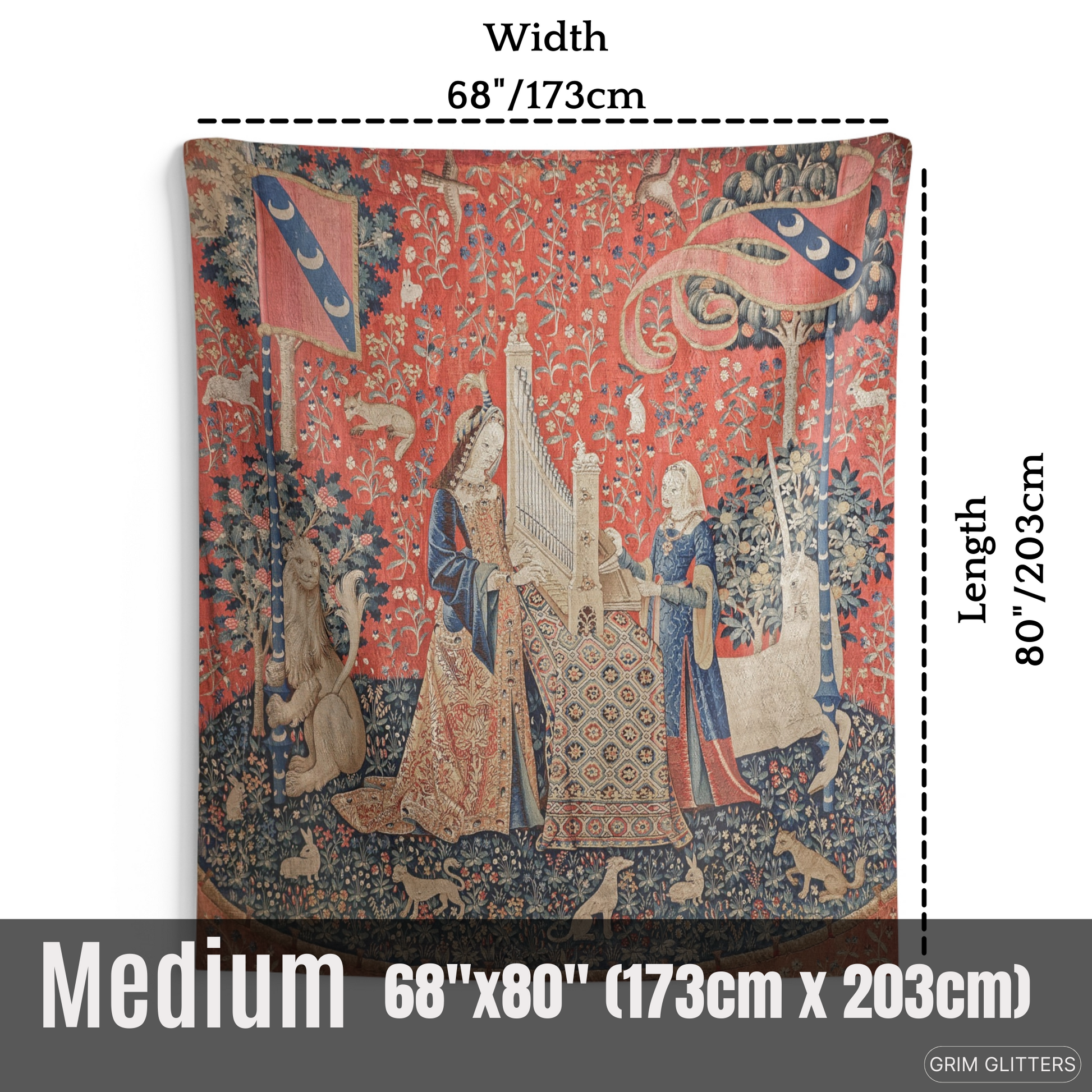 Elevate your decor with The Lady and the Unicorn (Hearing) Tapestry. This exquisite piece captures medieval magic and historical charm, perfect for any living space.