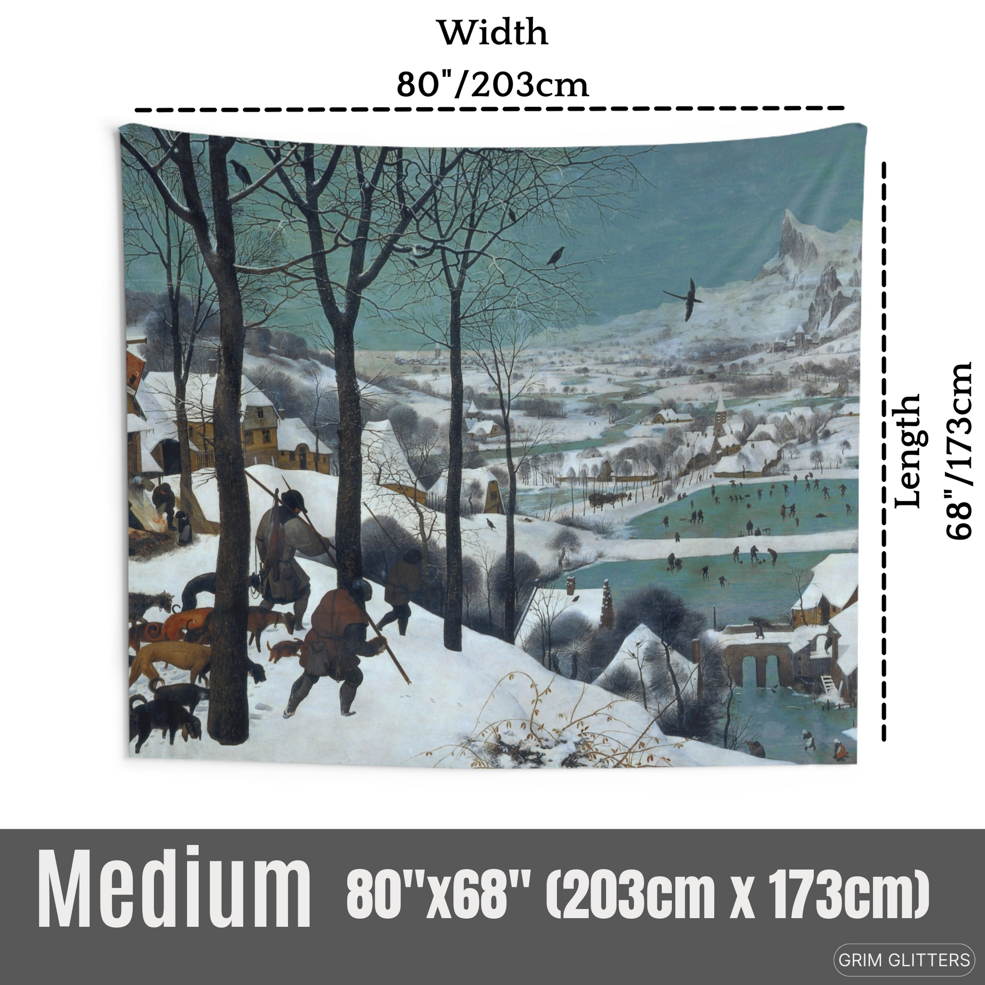 Immerse yourself in Pieter Bruegel the Elder's winter masterpiece with the Hunters in the Snow Tapestry from Grim Glitters. This high-quality polyester tapestry captures the serene beauty of a rustic winter landscape, adding timeless charm to your home de