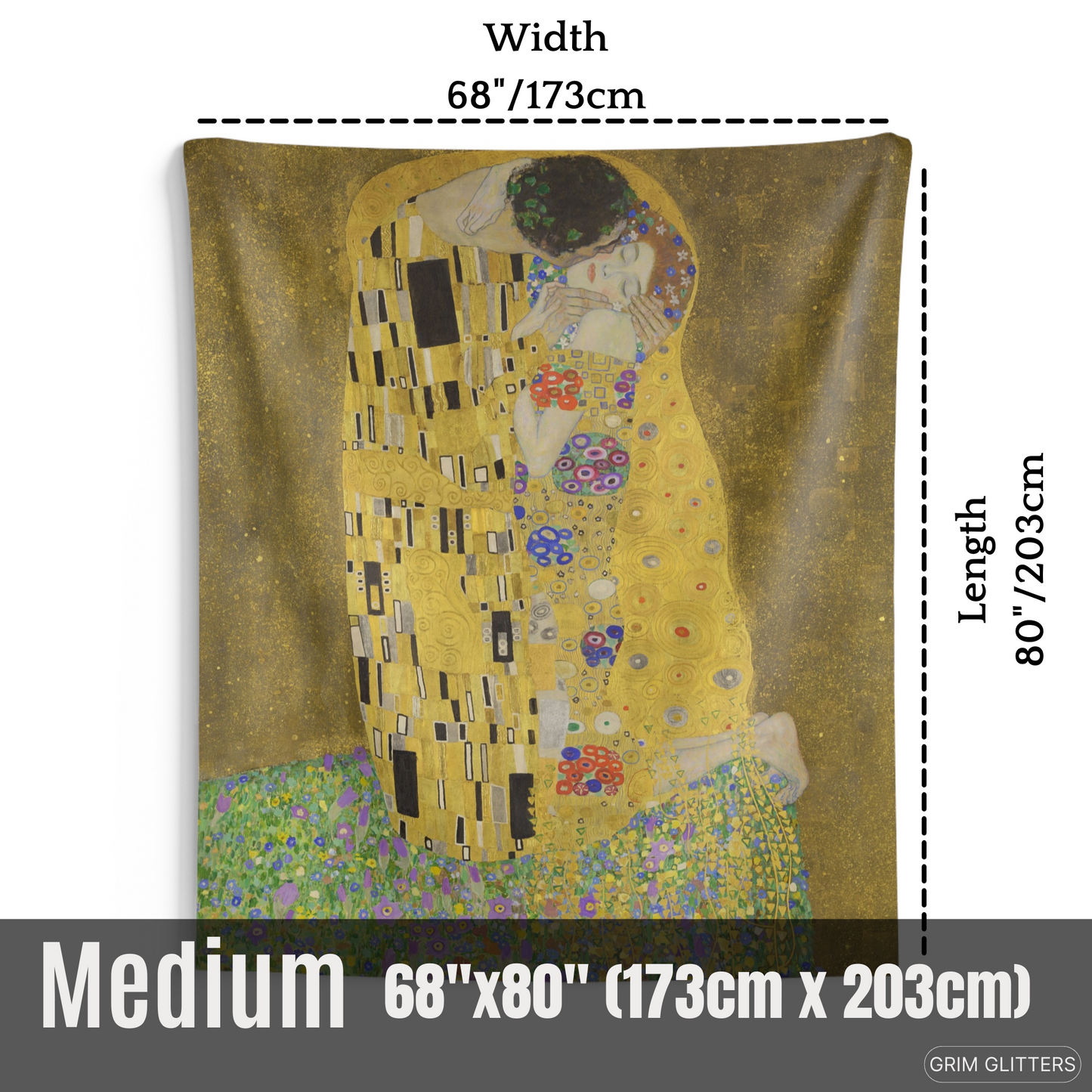 Experience the romantic elegance of Gustav Klimt's "The Kiss" with this exquisite tapestry from Grim Glitters. This high-quality reproduction captures the intricate details and timeless beauty of Klimt's iconic painting, perfect for adding a touch of love