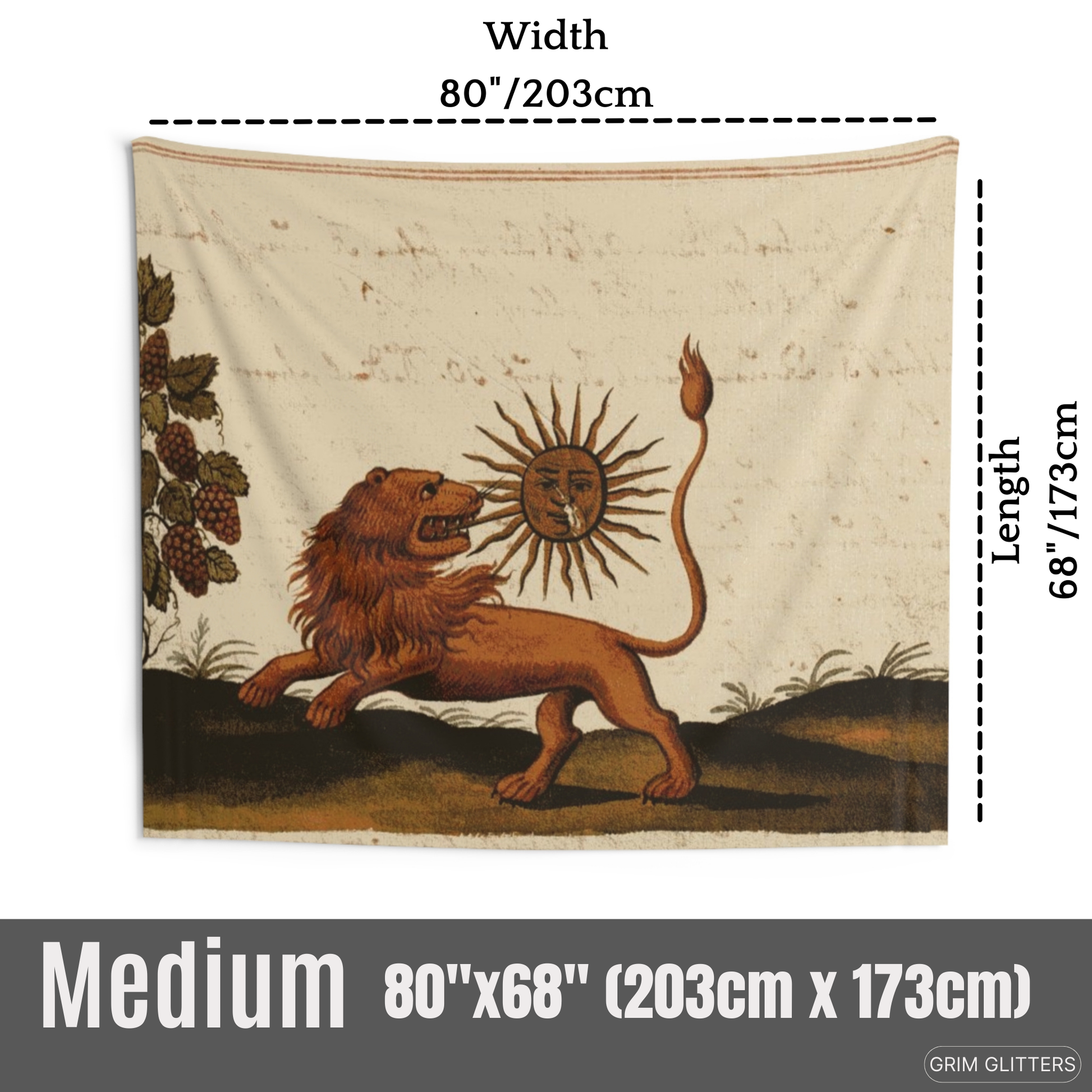 Enhance your space with the mystical Lion Eating the Sun Tapestry from Grim Glitters. Inspired by the Clavis Artis manuscript, this tapestry features a powerful lion devouring the sun, adding esoteric wisdom and medieval artistry to your decor.