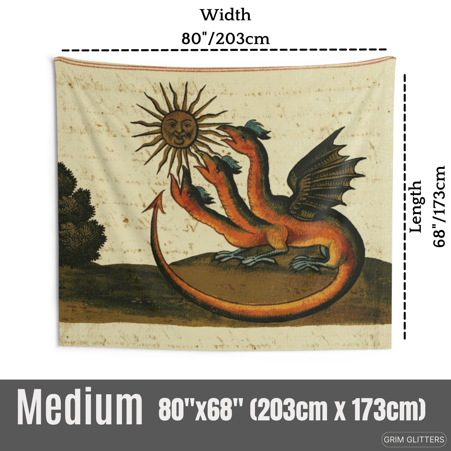 Transform your living space with the mystical charm of the Three-Headed Dragon Tapestry from Grim Glitters. Inspired by the Clavis Artis manuscript, this tapestry features a powerful three-headed dragon, bringing esoteric wisdom and medieval artistry to y