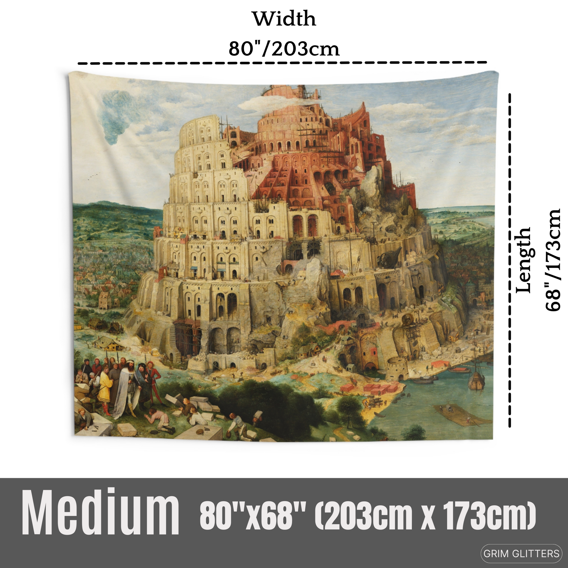 Step into the mesmerizing world of medieval art with the Tower of Babel Tapestry from Grim Glitters. Inspired by Pieter Bruegel the Elder's masterpiece, this tapestry captures the iconic biblical scene with intricate details and vibrant colors, perfect fo