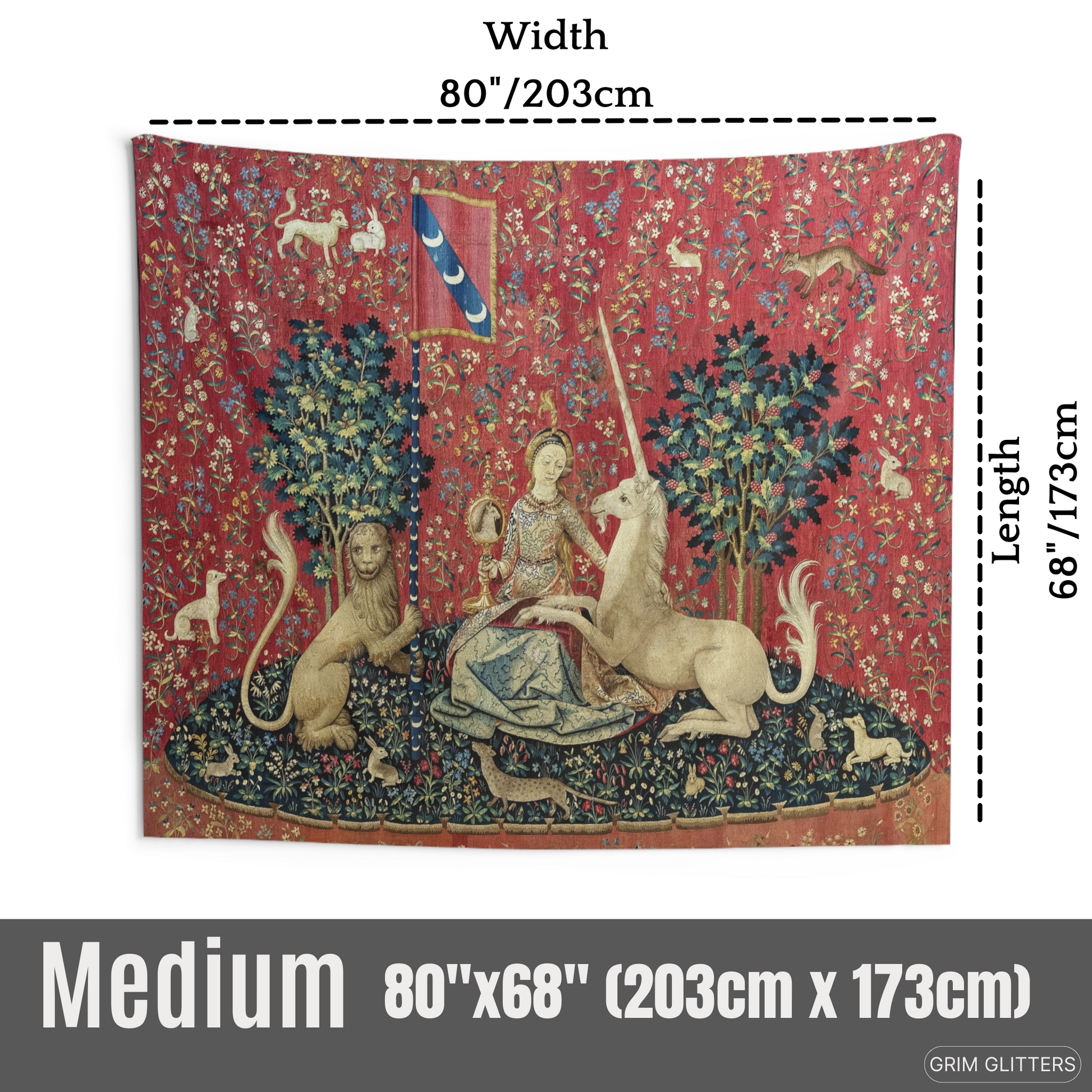 Enchant your home with The Lady and the Unicorn (Sight) Tapestry. This high-quality reproduction adds a magical and historical charm, perfect for any space.