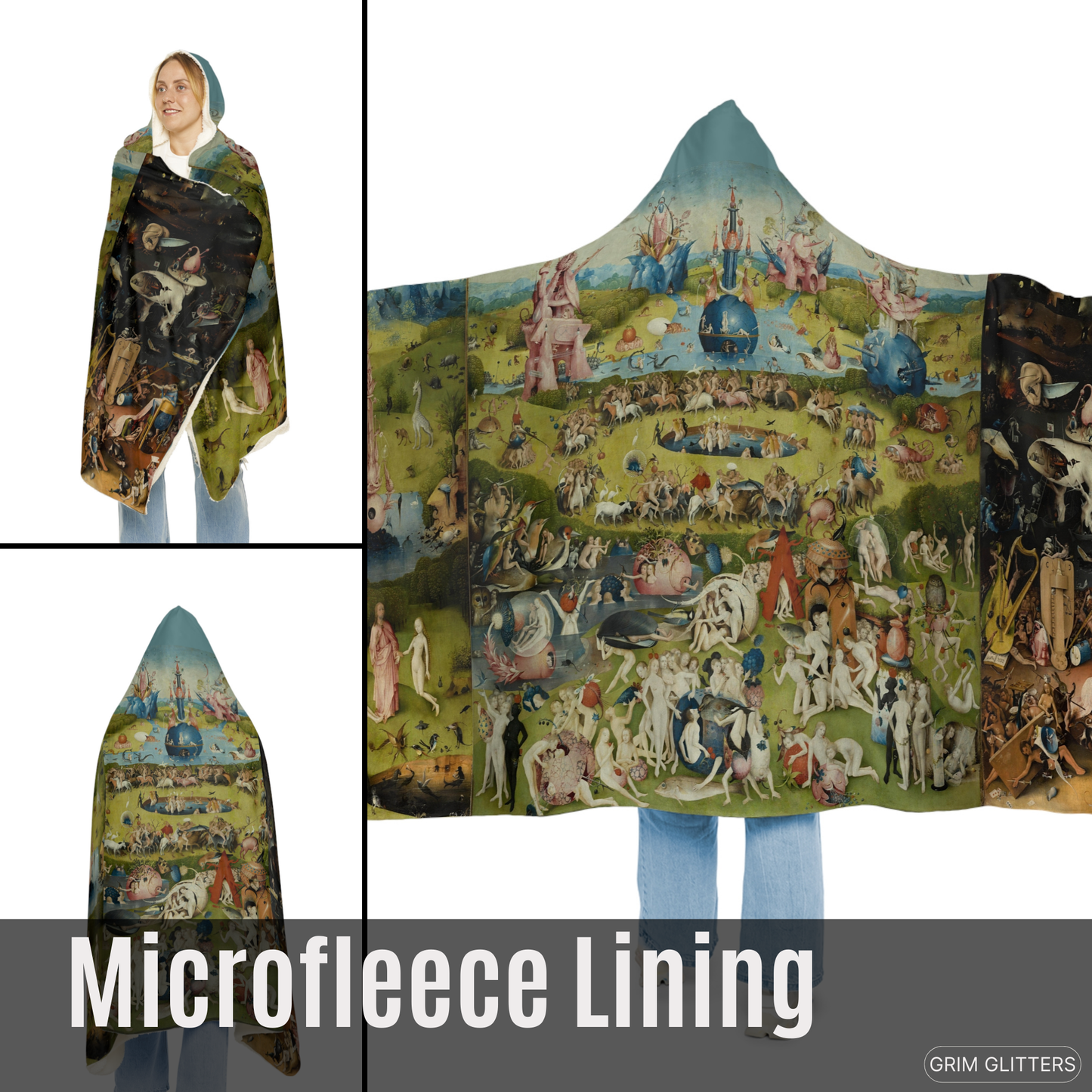 Immerse yourself in Bosch's surreal world with the Triptych Snuggle Cloak. This hooded blanket features the iconic Garden of Earthly Delights triptych.