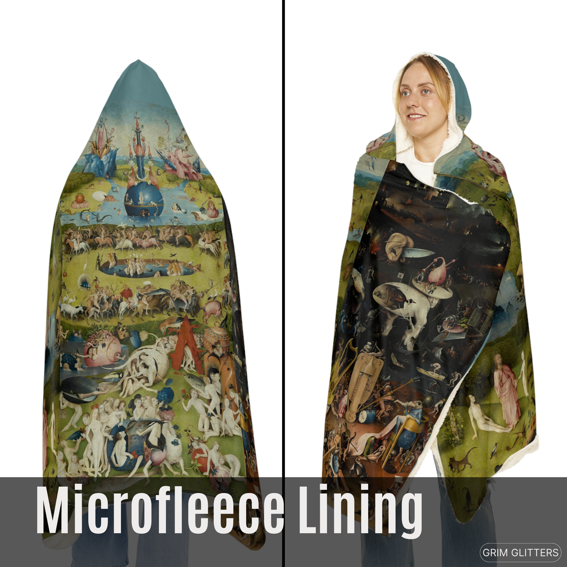 Immerse yourself in Bosch's surreal world with the Triptych Snuggle Cloak. This hooded blanket features the iconic Garden of Earthly Delights triptych.