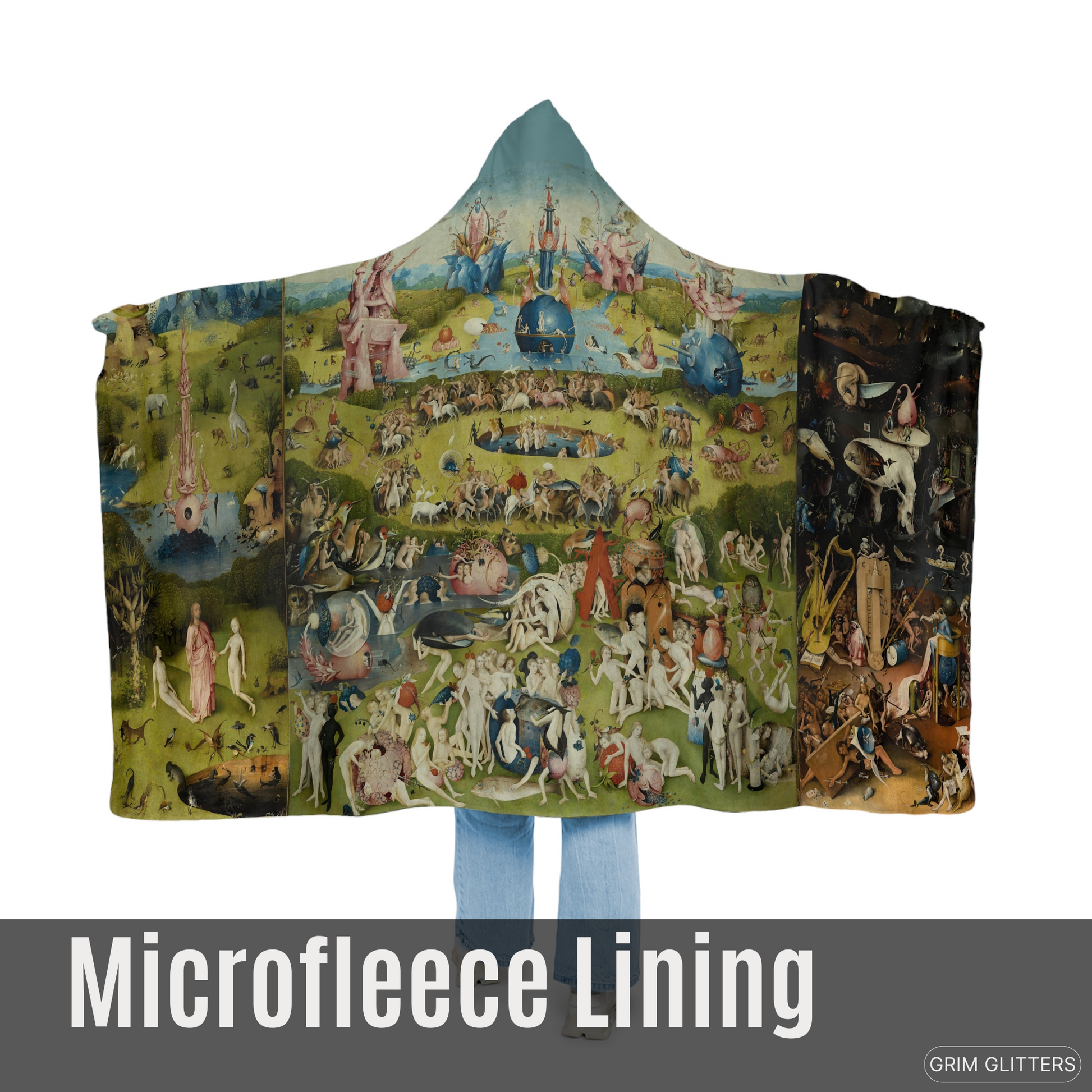 Immerse yourself in Bosch's surreal world with the Triptych Snuggle Cloak. This hooded blanket features the iconic Garden of Earthly Delights triptych.