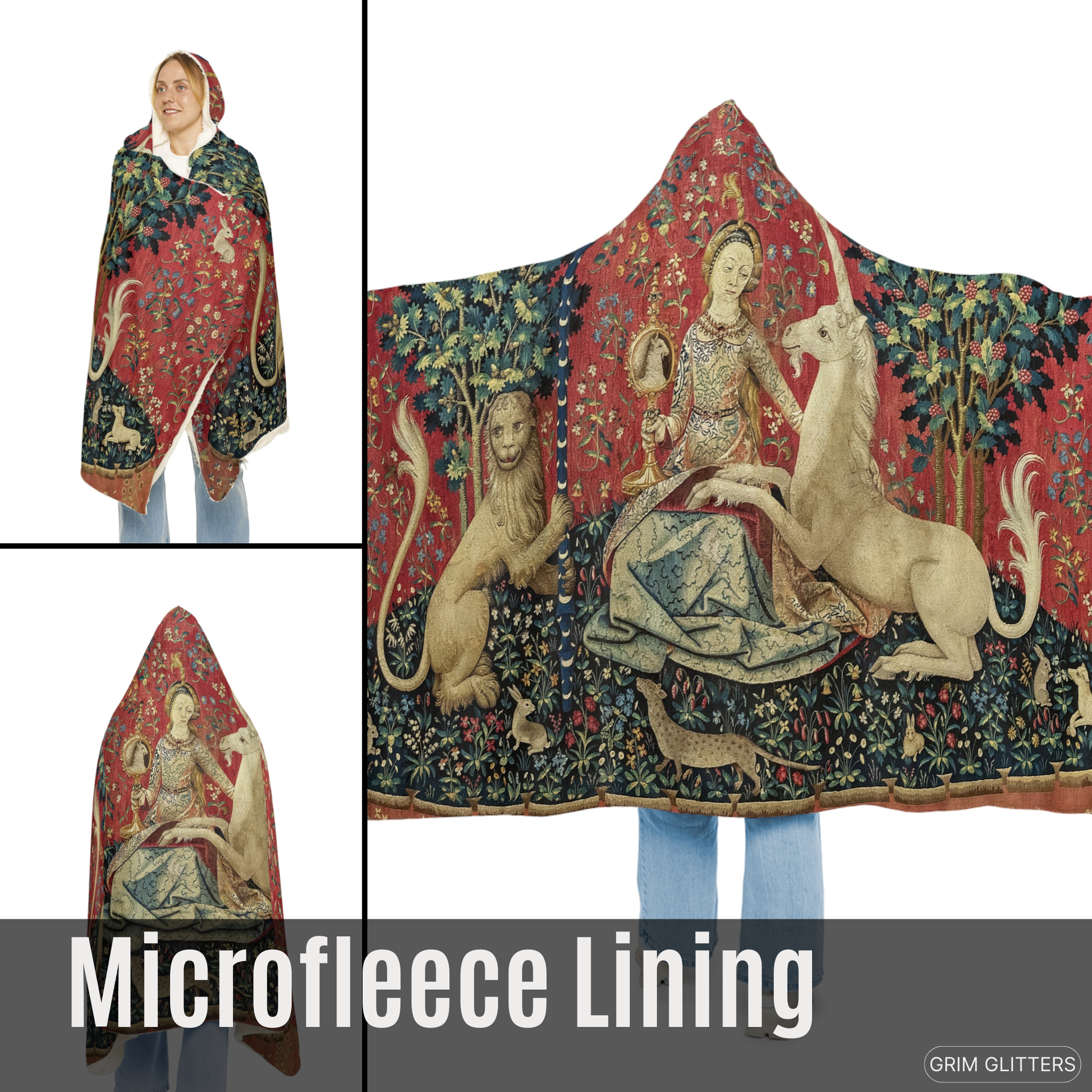 Wrap yourself in medieval elegance with The Lady and the Unicorn (Sight) Snuggle Cloak from Grim Glitters. Inspired by the iconic Unicorn Tapestry.