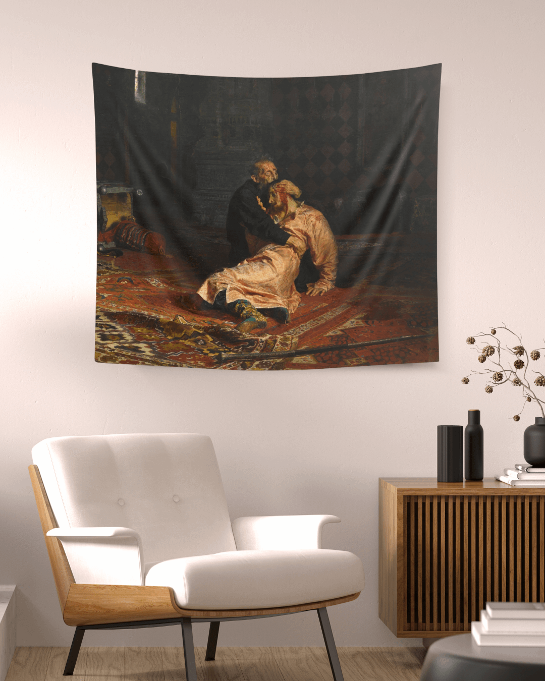 Immerse yourself in Russian history with the Ivan the Terrible and His Son Ivan Tapestry from Grim Glitters. Inspired by Ilya Repin's powerful painting,