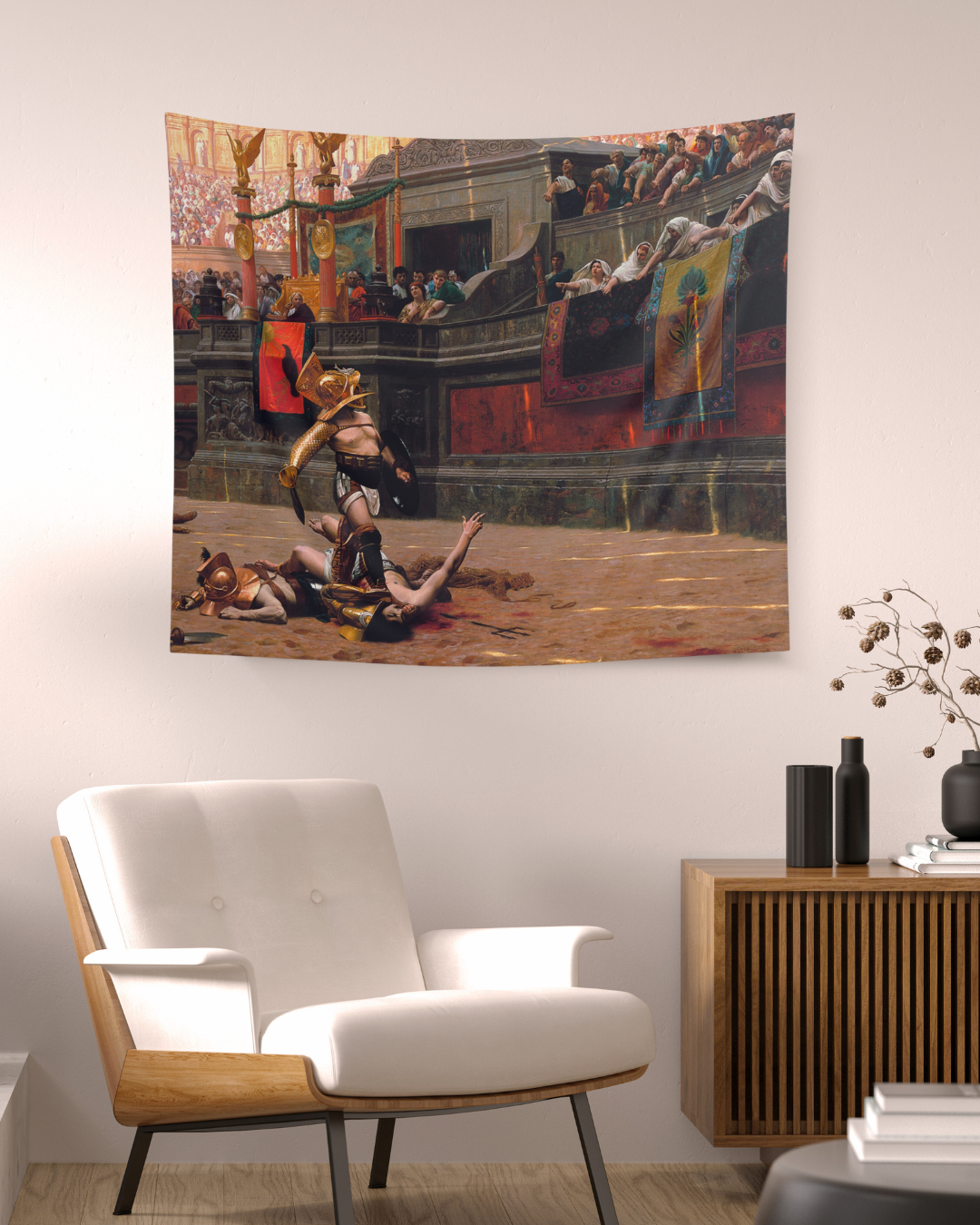 Immerse yourself in ancient Rome with the Roman Gladiator Tapestry from Grim Glitters. Inspired by Jean-Leon Gerome's "Pollice Verso" (Thumbs Down).