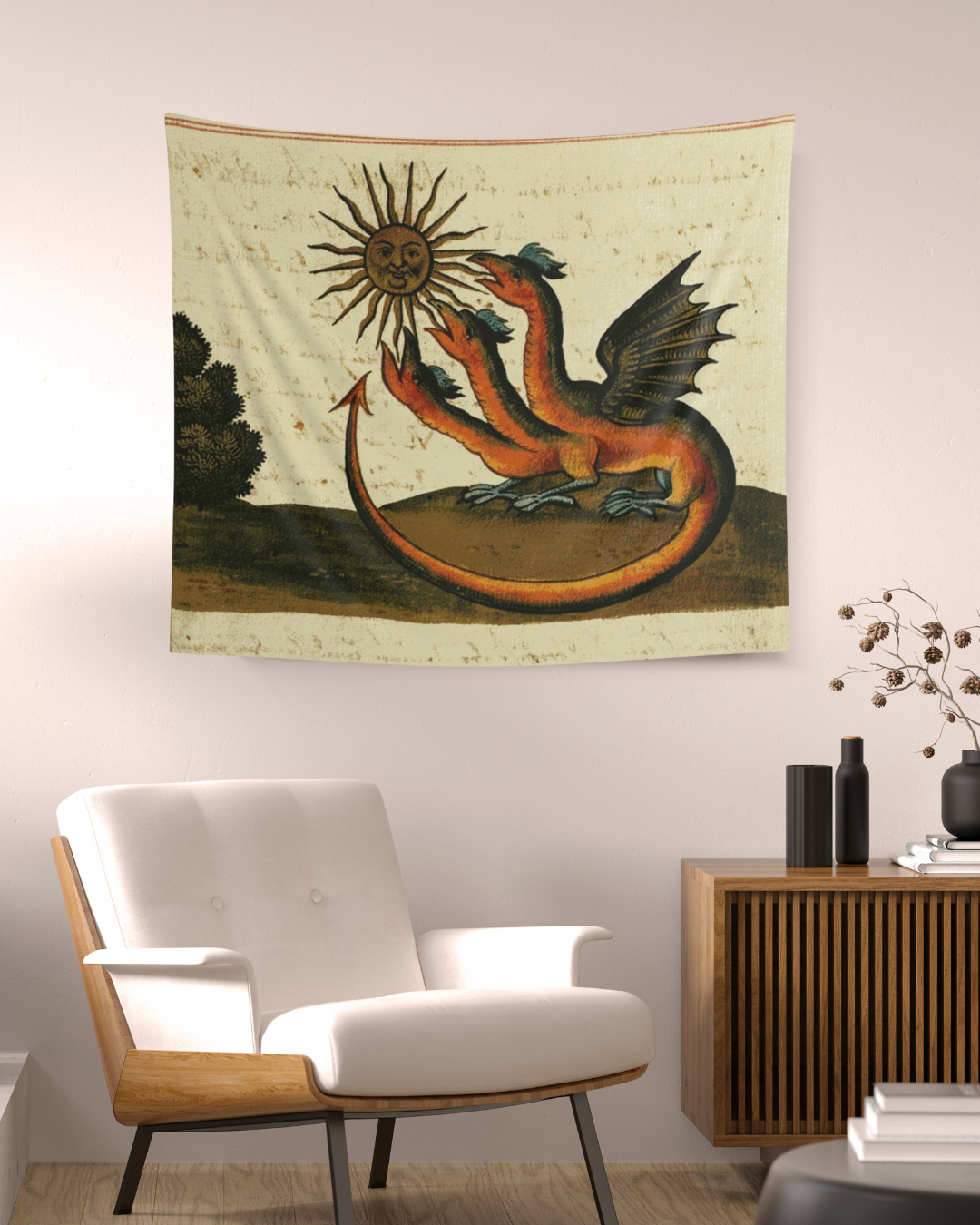 Transform your living space with the mystical charm of the Three-Headed Dragon Tapestry from Grim Glitters. Inspired by the Clavis Artis manuscript, this tapestry features a powerful three-headed dragon, bringing esoteric wisdom and medieval artistry to y