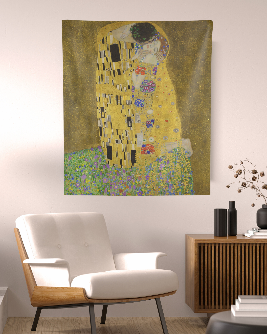 Experience the romantic elegance of Gustav Klimt's "The Kiss" with this exquisite tapestry from Grim Glitters. This high-quality reproduction captures the intricate details and timeless beauty of Klimt's iconic painting, perfect for adding a touch of love